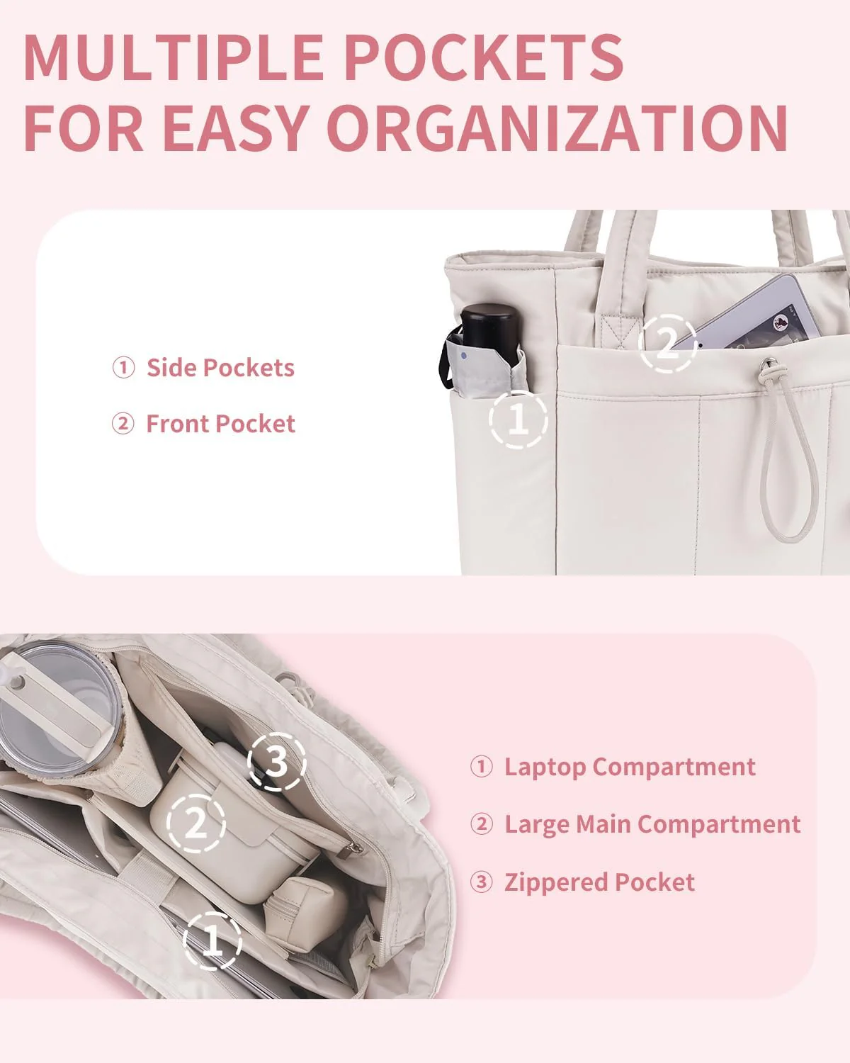 Quilted Puffer Tote Bag with Laptop Sleeve & Cup Holder 20L Travel Work - Image 4