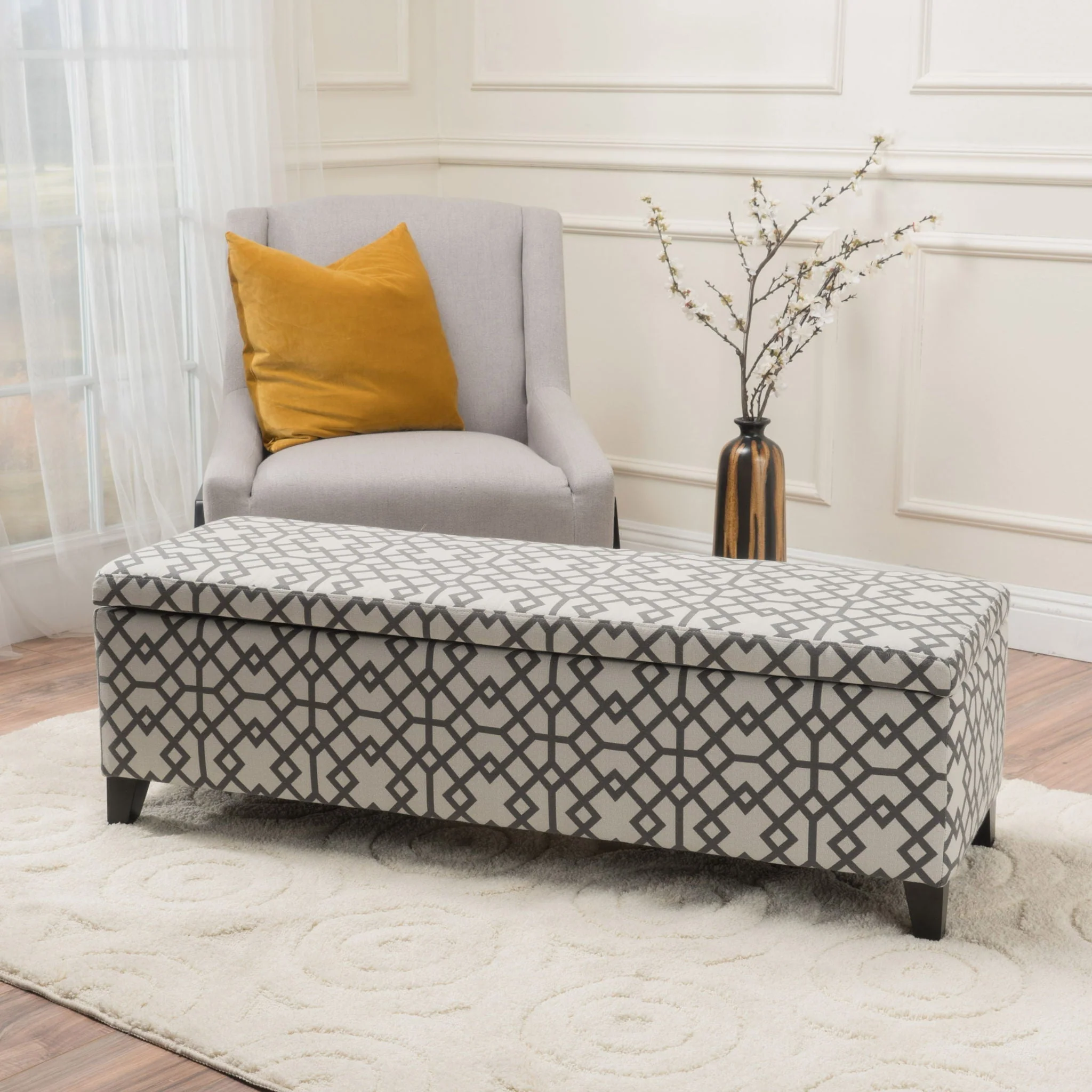 Quotient Upholstered Storage Ottoman With Tapered Block Feet - Gray / White - Image 3