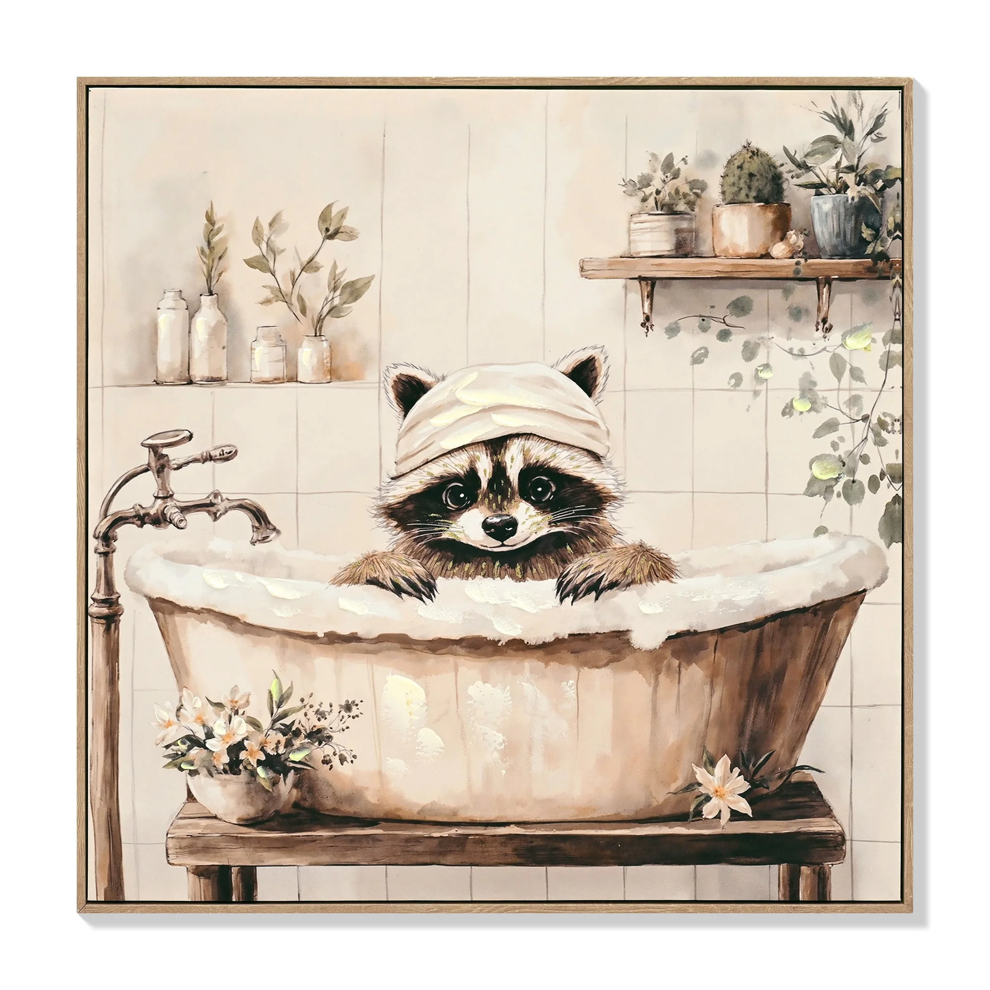 Raccoon Bathroom Canvas Wall Art Raccoon in Bathtub Painting Funny Animal Bathroom Wall Art Black and White Animal Bathtub Pictures for Bath Restroom Wall Decor Framed 24x24 inch