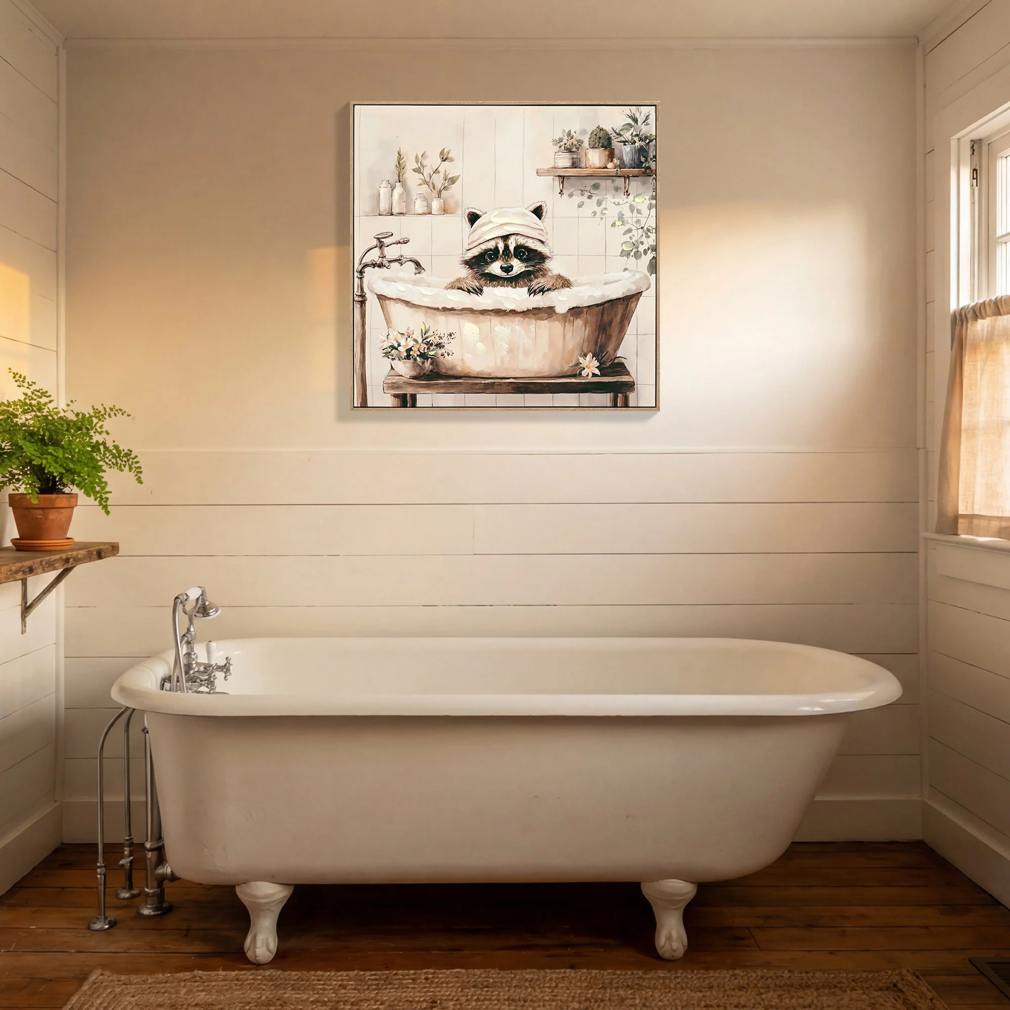 Raccoon Bathroom Canvas Wall Art Raccoon in Bathtub Painting Funny Animal Bathroom Wall Art Black and White Animal Bathtub Pictures for Bath Restroom Wall Decor Framed 24x24 inch - Image 2