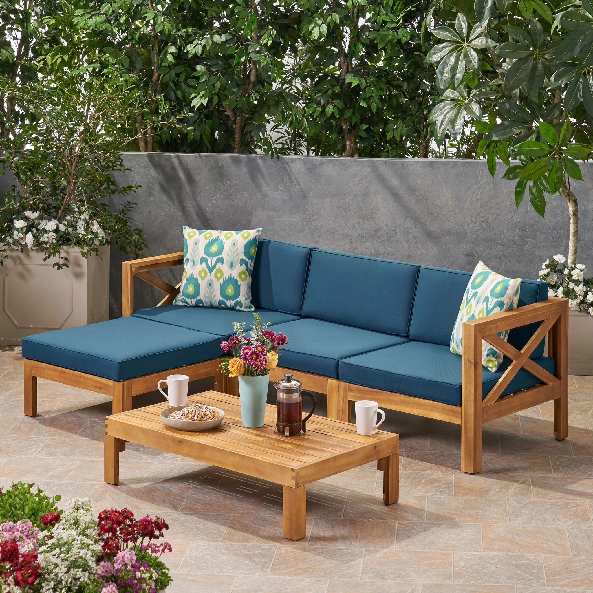 Radiat 5 Piece Outdoor L Shaped Sof Set With Coffee Table And Water Resistant Cushions - Teak - Image 4