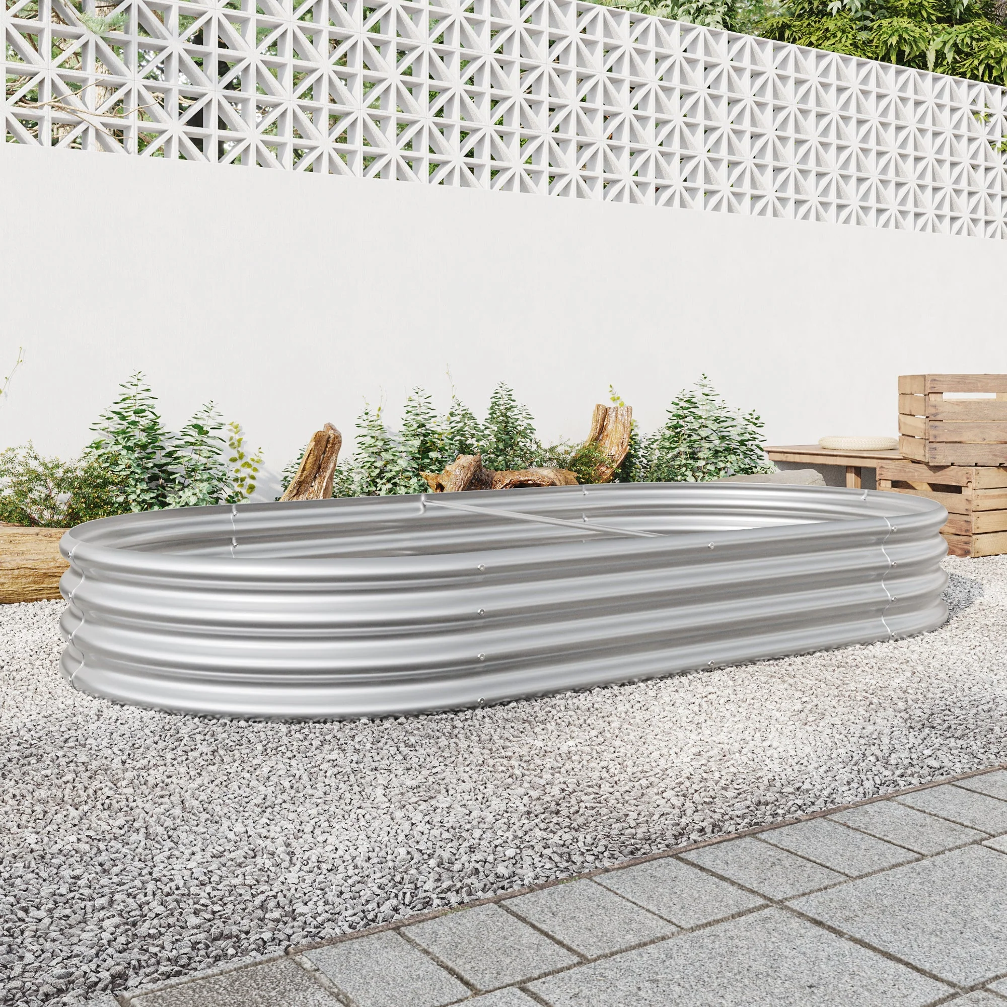 Raised Garden Bed Outdoor Oval Large Metal Planter Bed - Silver - Image 9