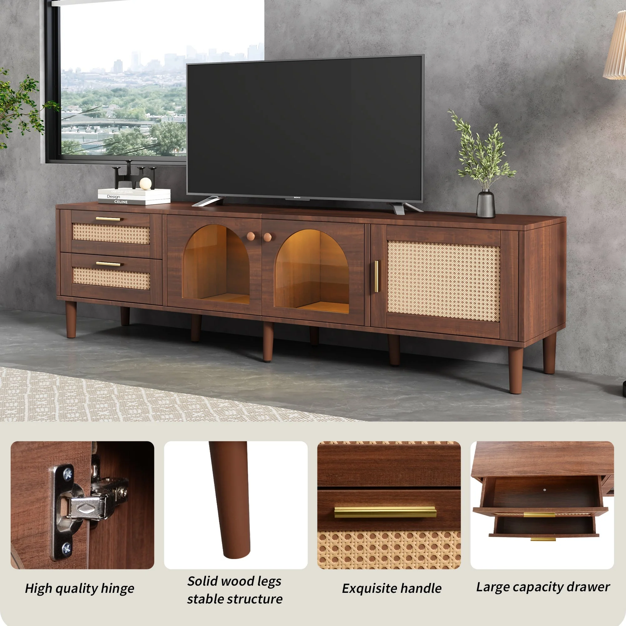 Rattan TV Stand with 3 Cabinets & 2 Drawers - Image 10