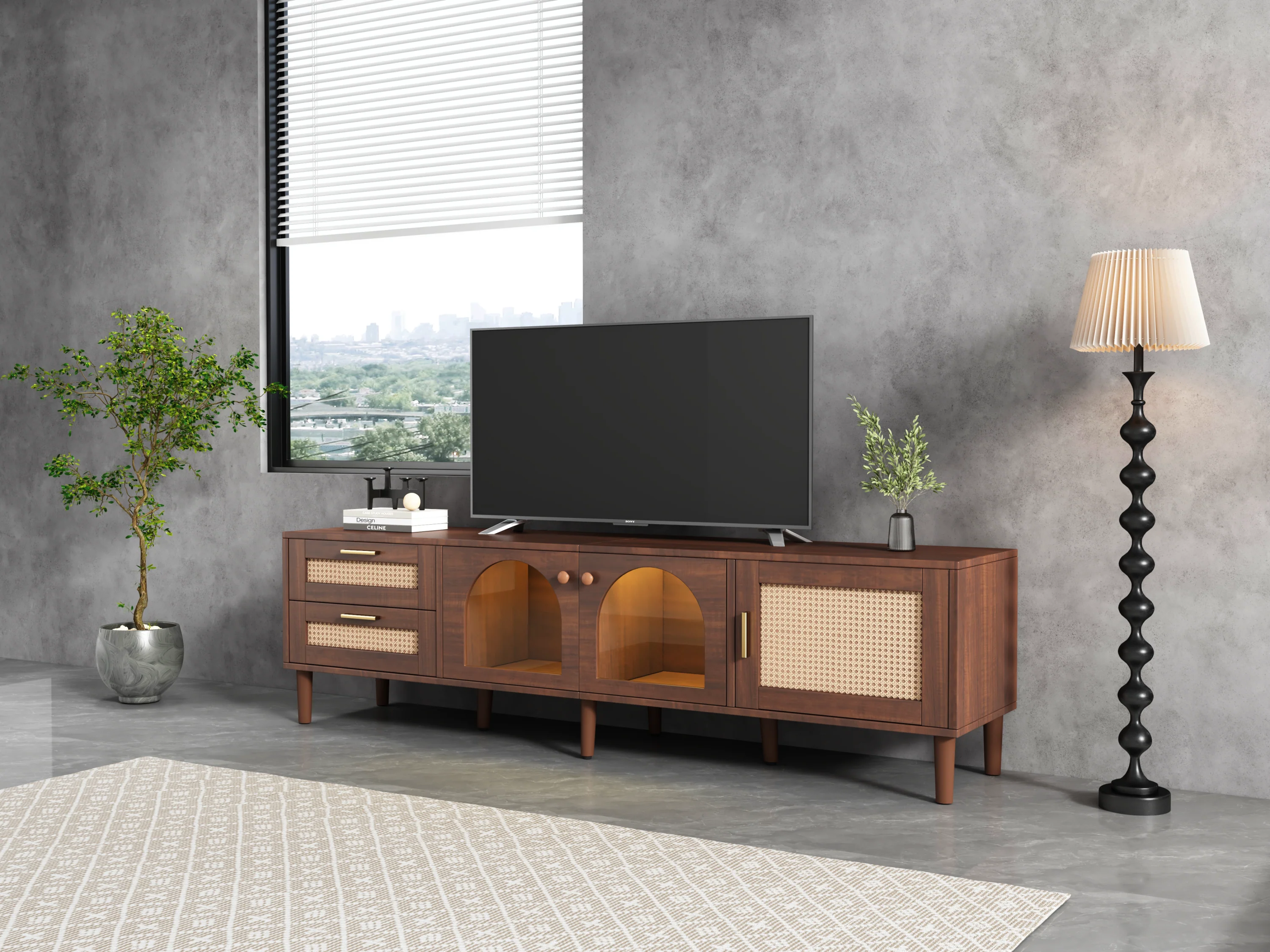 Rattan TV Stand with 3 Cabinets & 2 Drawers - Image 21