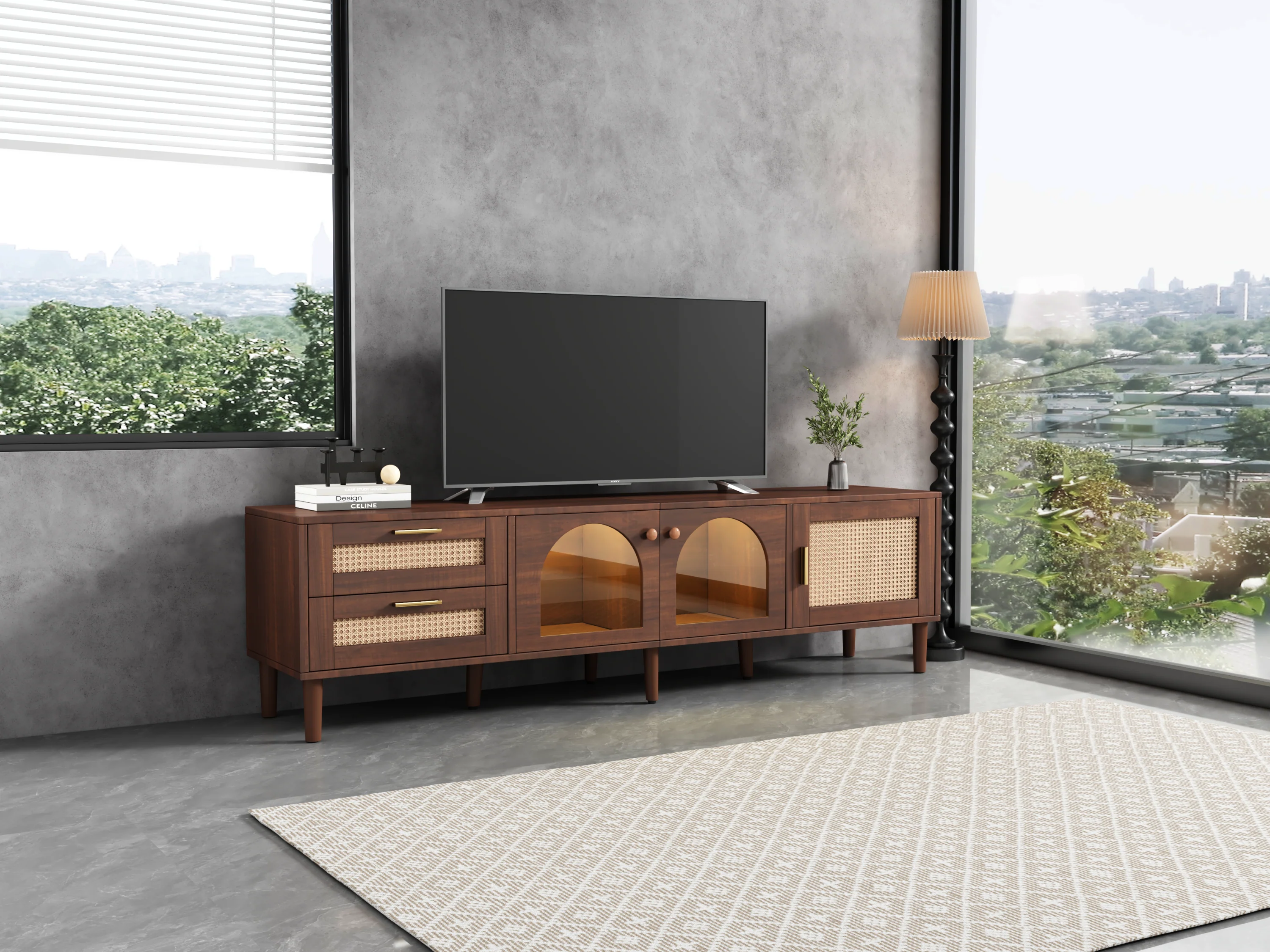 Rattan TV Stand with 3 Cabinets & 2 Drawers - Image 22