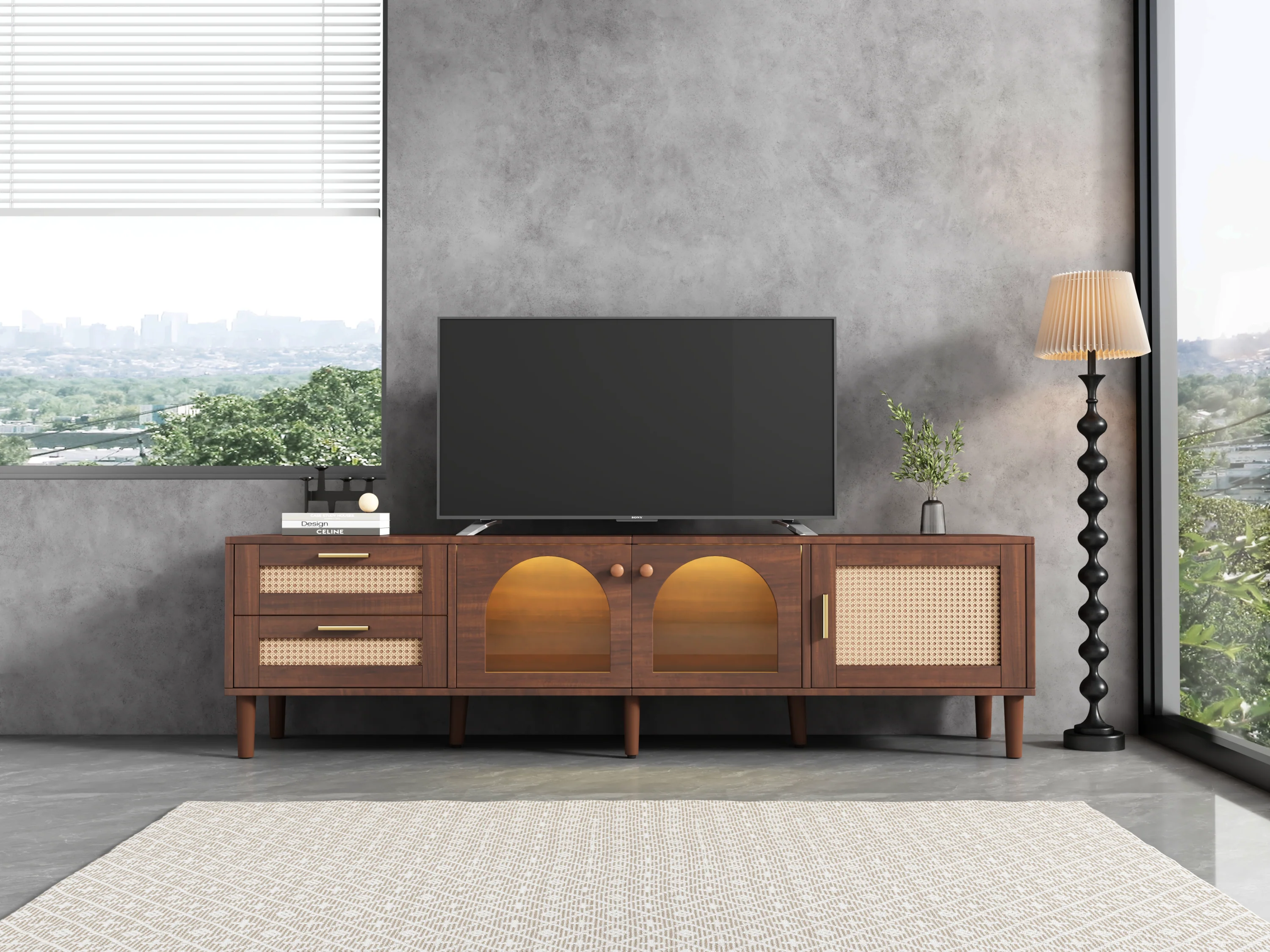 Rattan TV Stand with 3 Cabinets & 2 Drawers - Image 23