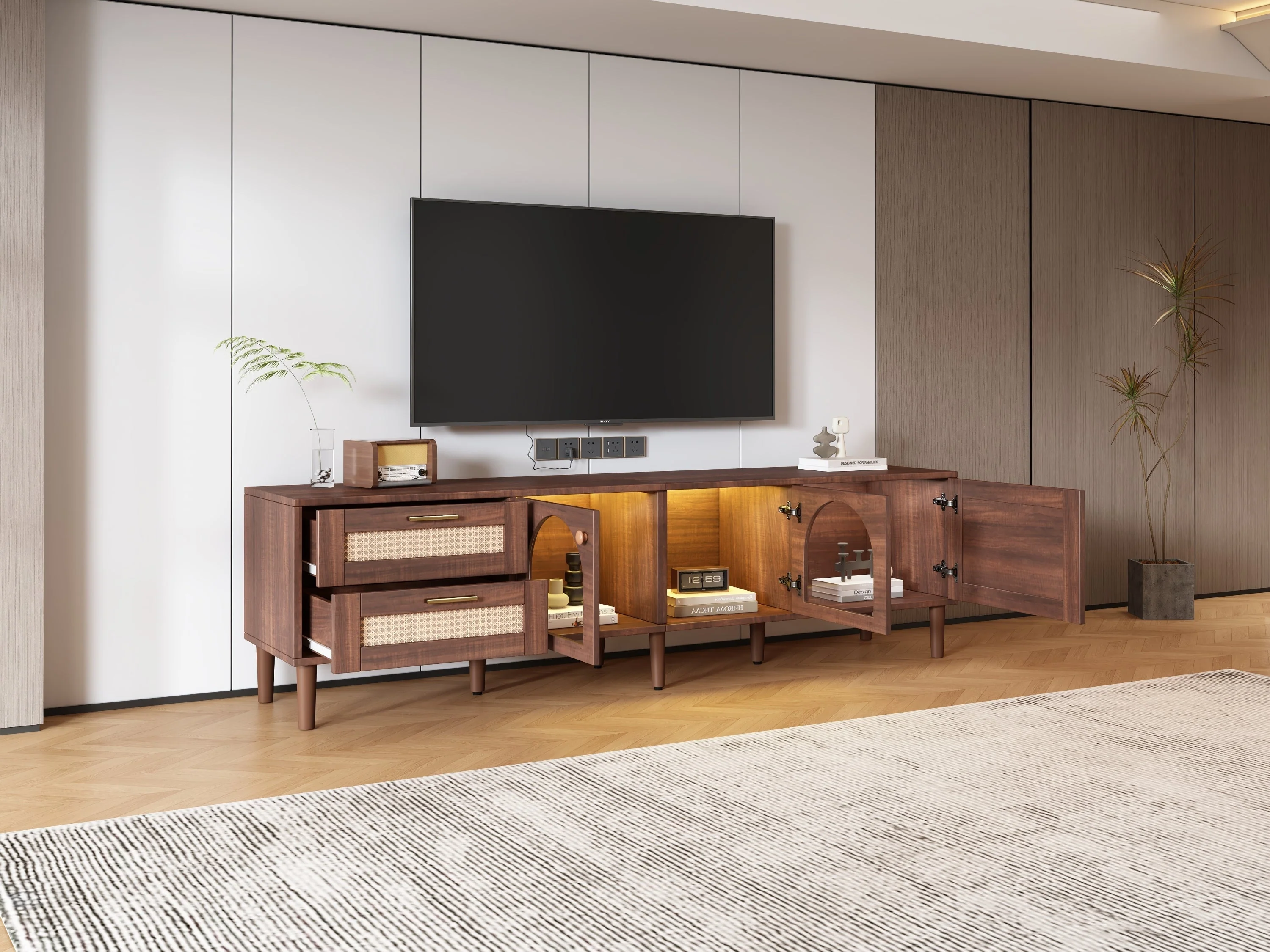 Rattan TV Stand with 3 Cabinets & 2 Drawers - Image 25