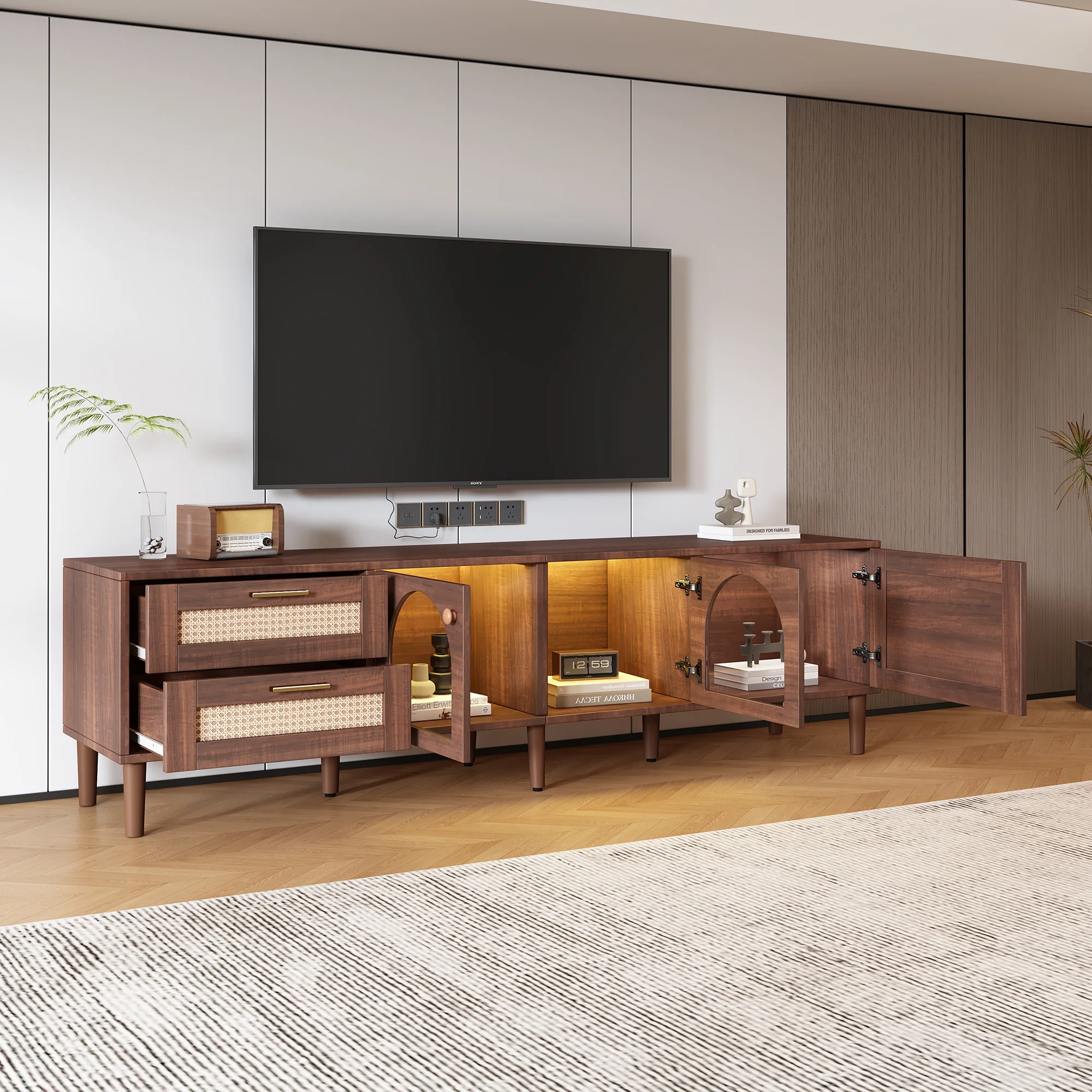 Rattan TV Stand with 3 Cabinets & 2 Drawers - Image 3