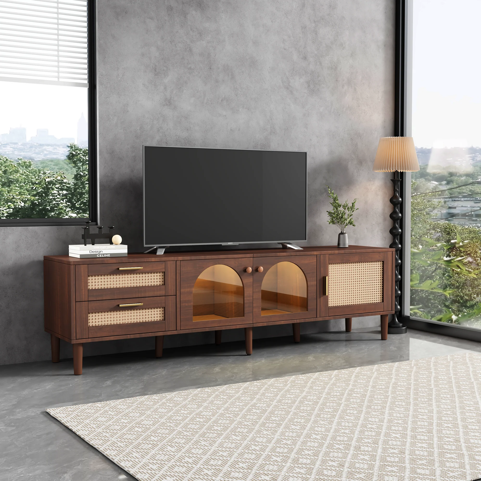 Rattan TV Stand with 3 Cabinets & 2 Drawers - Image 4