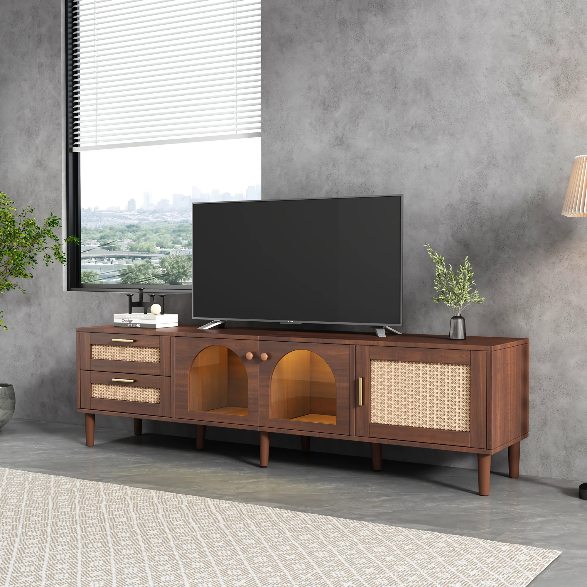 Rattan TV Stand with 3 Cabinets & 2 Drawers - Image 5
