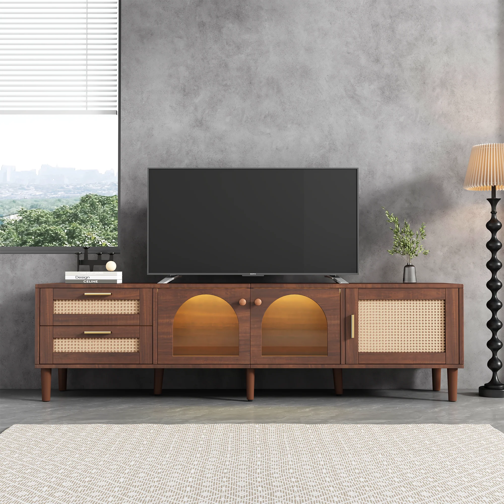 Rattan TV Stand with 3 Cabinets & 2 Drawers - Image 6