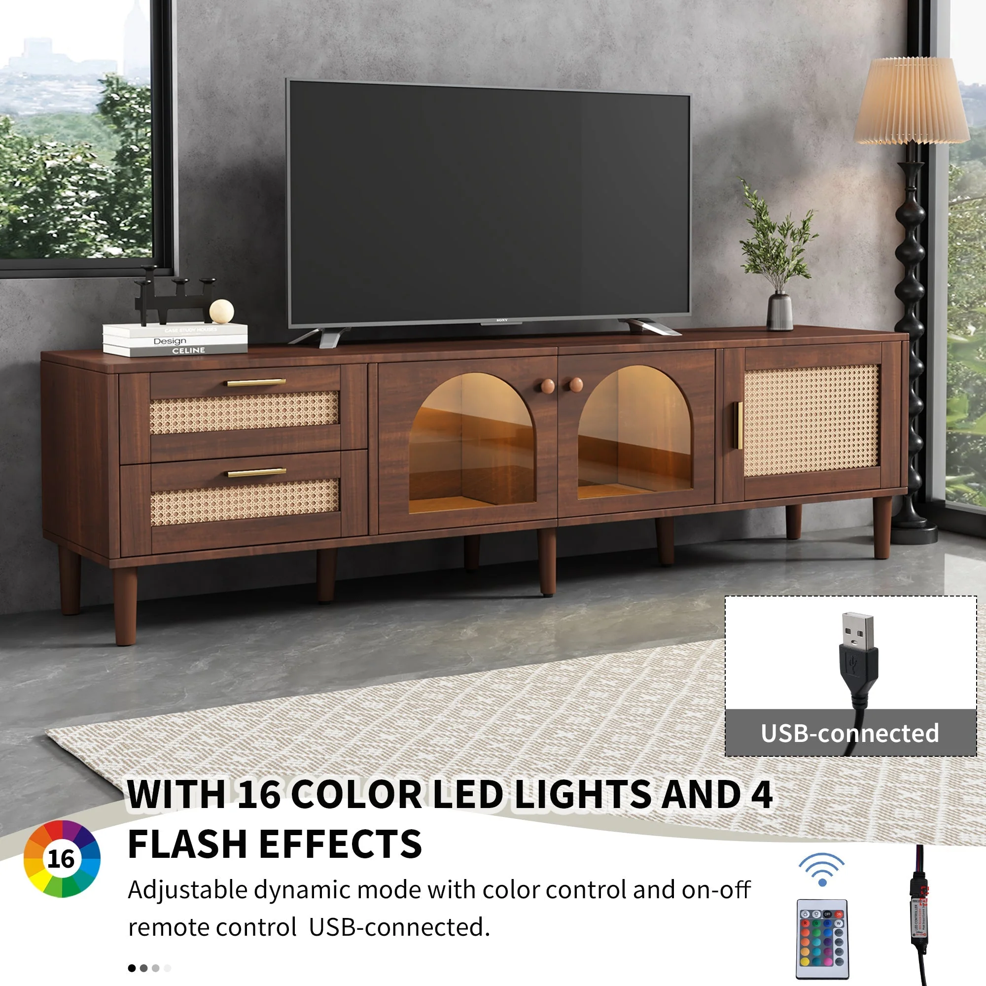 Rattan TV Stand with 3 Cabinets & 2 Drawers - Image 7