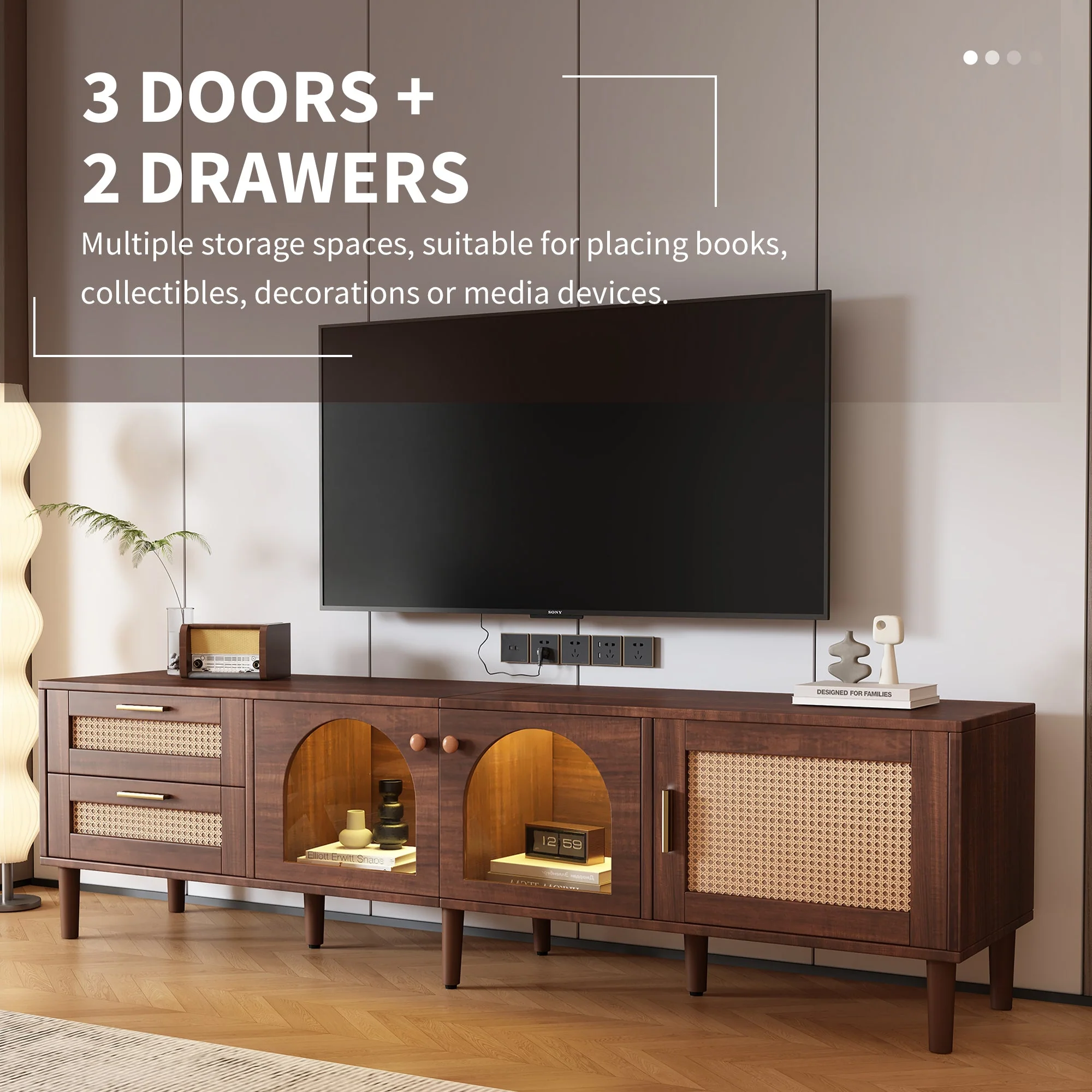 Rattan TV Stand with 3 Cabinets & 2 Drawers - Image 8