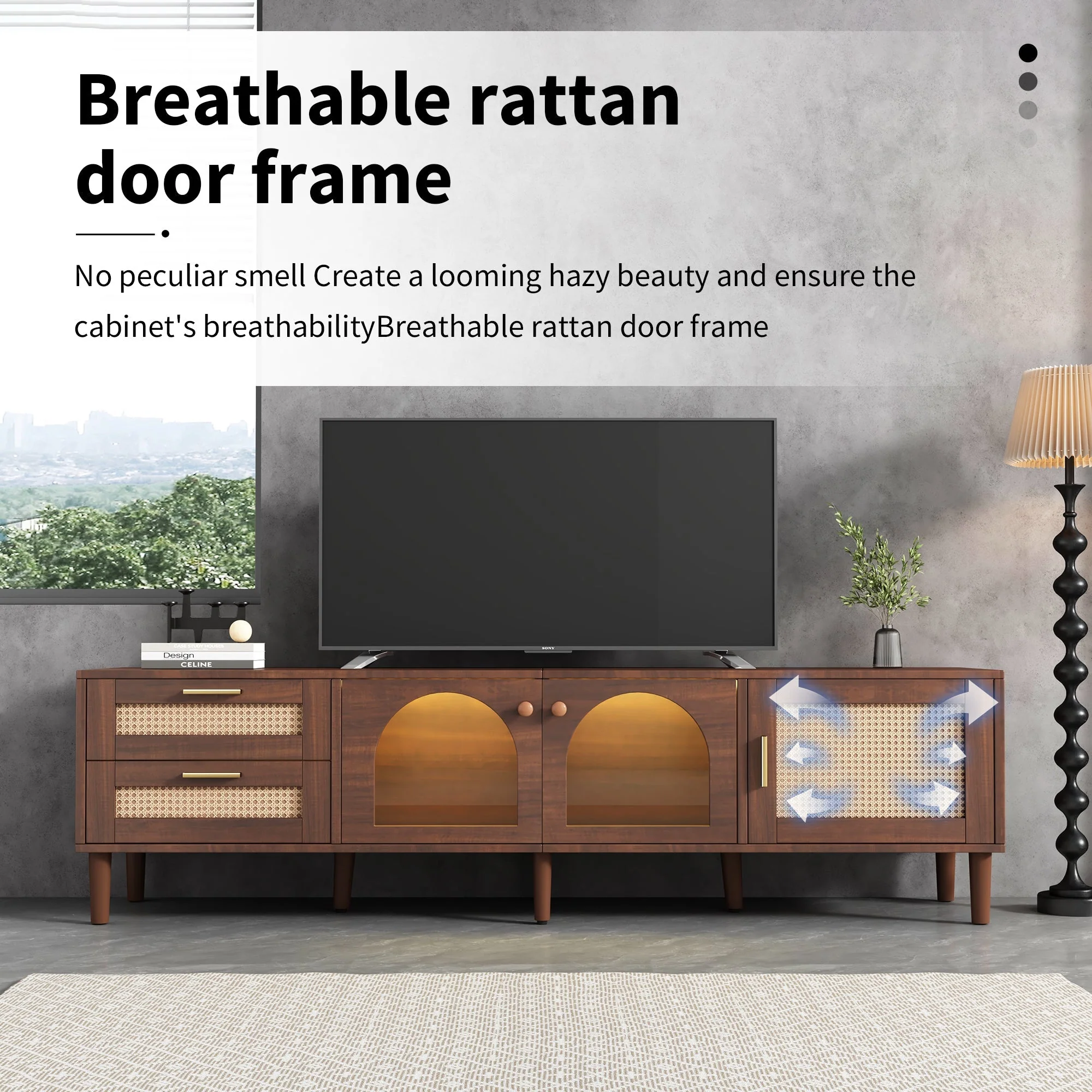 Rattan TV Stand with 3 Cabinets & 2 Drawers - Image 9