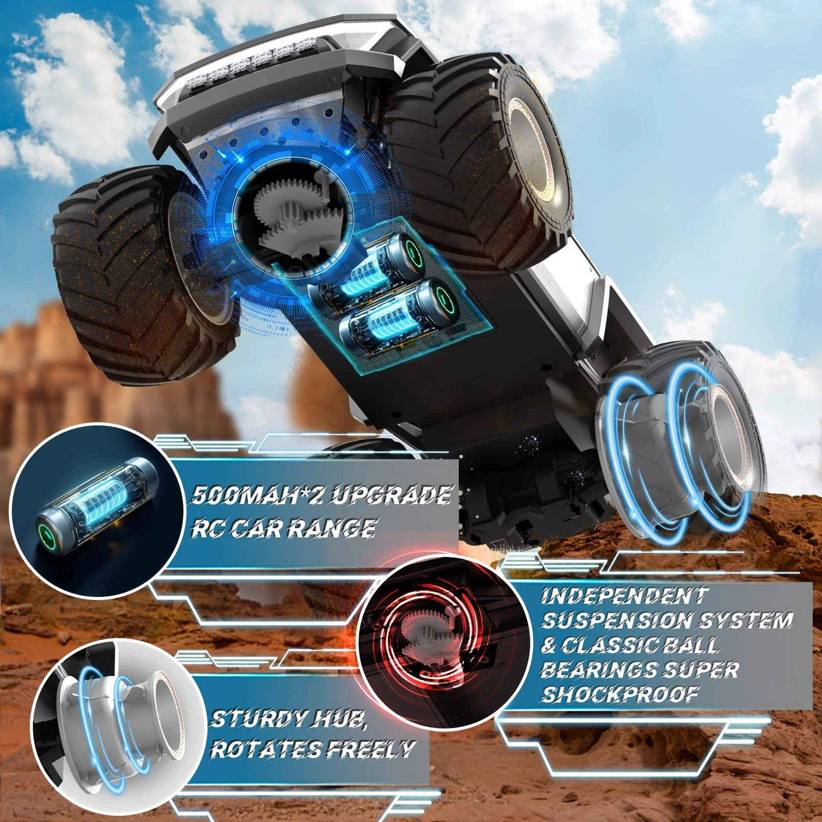 RC Monster Truck 4WD Remote Control Car Off-Road Toy with LED Lights for Kids 6+ - Image 3