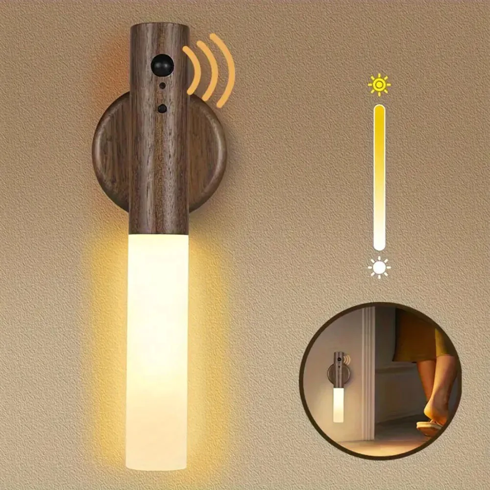 Rechargeable Motion Sensor Wall Sconce – Magnetic Wooden Night Light for Bedroom - Image 2