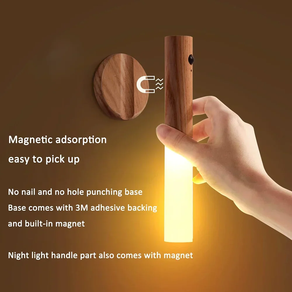Rechargeable Motion Sensor Wall Sconce – Magnetic Wooden Night Light for Bedroom - Image 4
