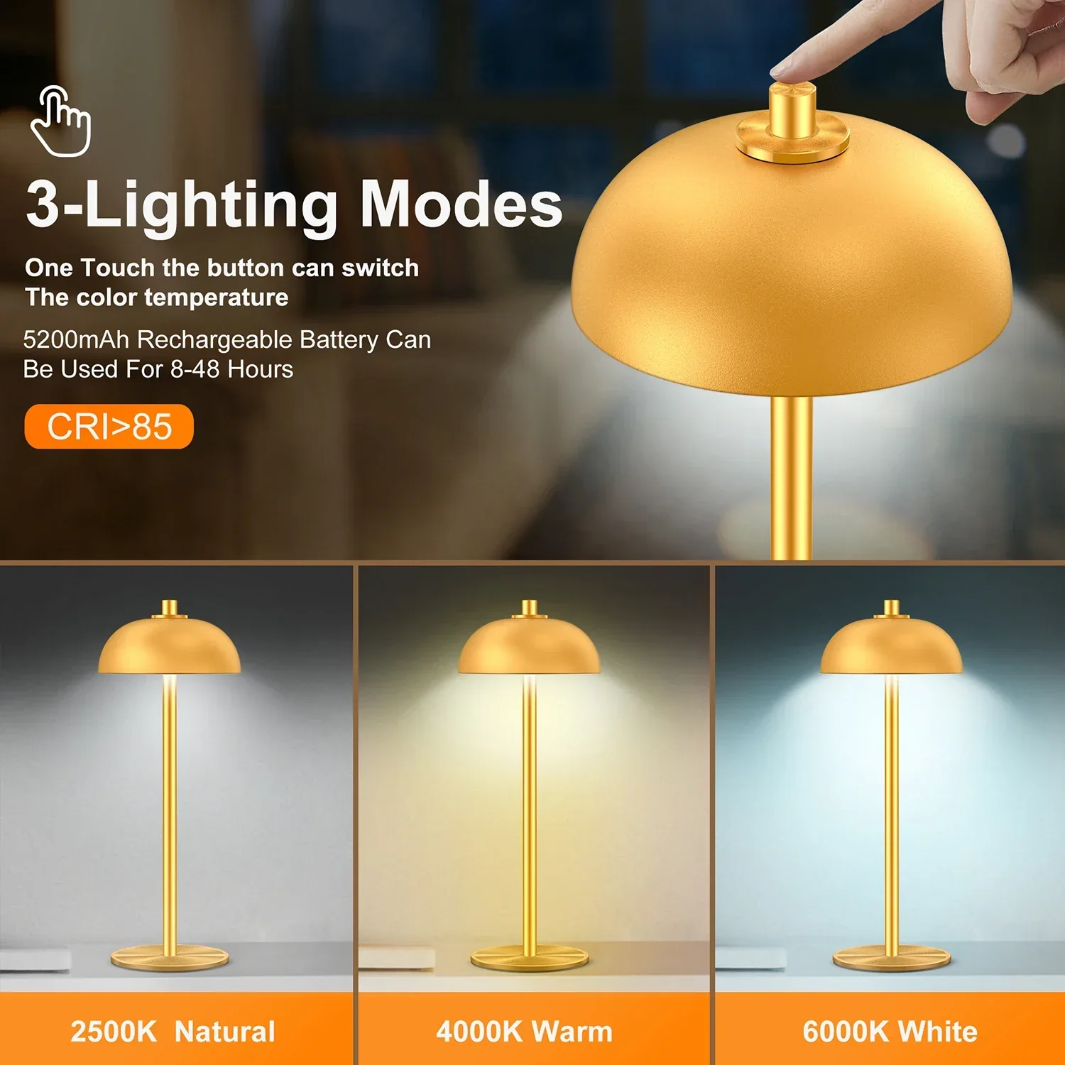 Rechargeable Touch Table Lamp – Wireless USB-C LED Desk Light for Bedroom & Camping - Image 2