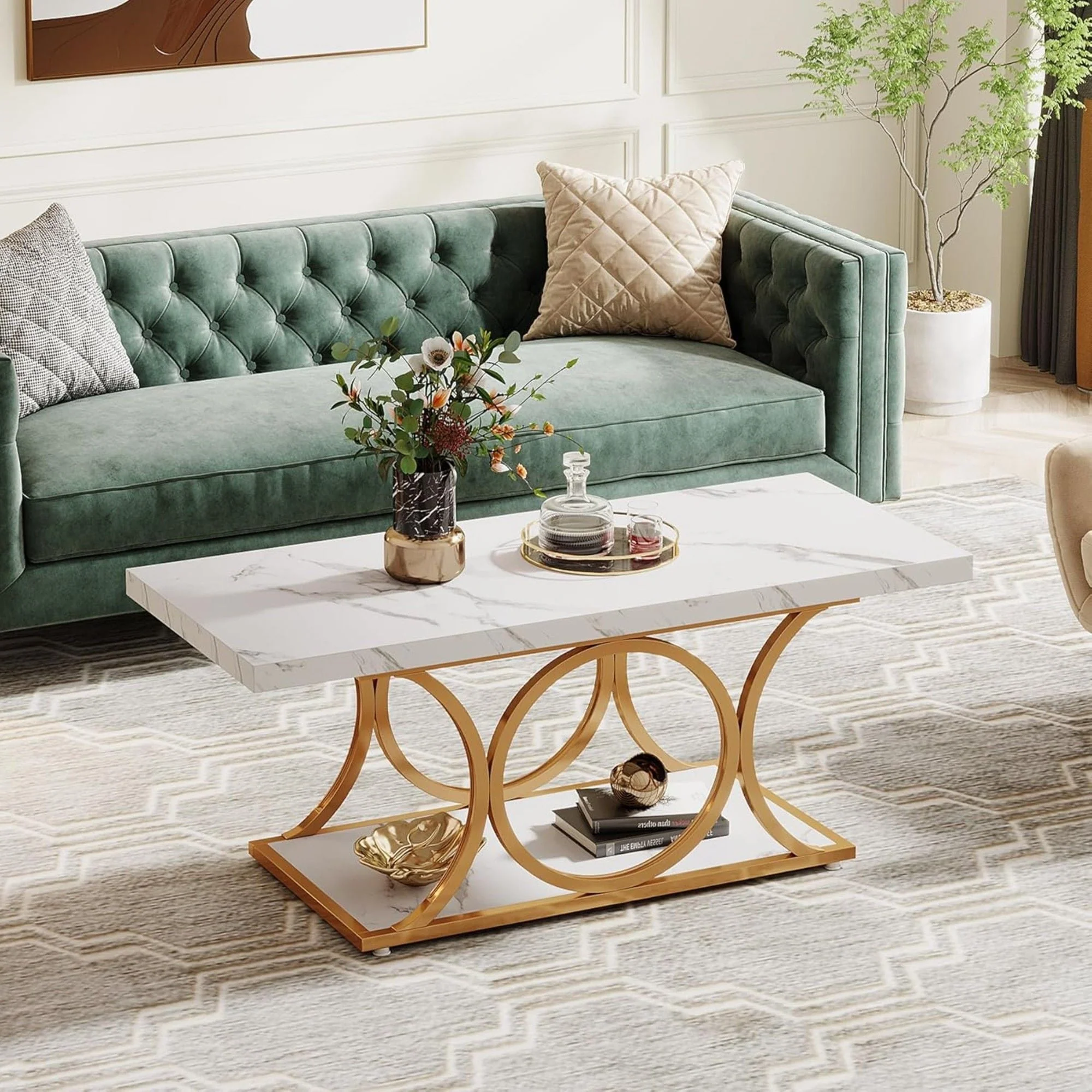 Rectangle Coffee Table, 2 Tier With Geometric Legs, Furniture With Storage Shelf - White / Gold - Image 2