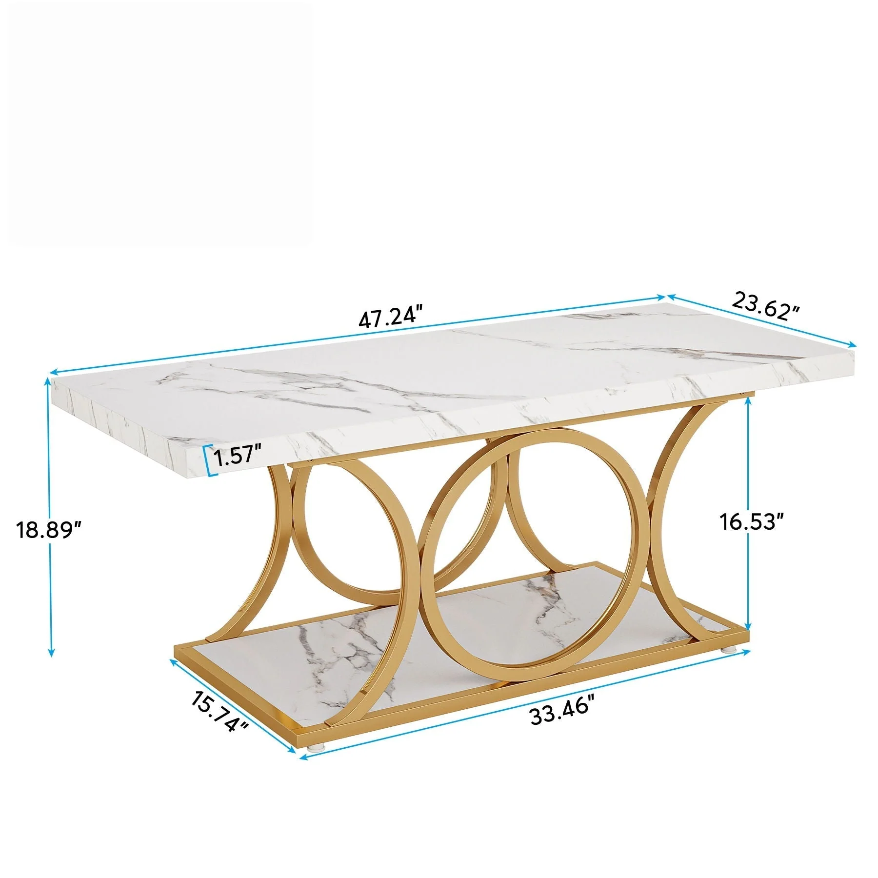 Rectangle Coffee Table, 2 Tier With Geometric Legs, Furniture With Storage Shelf - White / Gold - Image 3