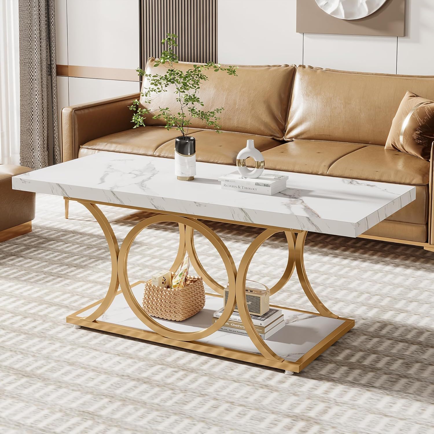Rectangle Coffee Table, 2 Tier With Geometric Legs, Furniture With Storage Shelf - White / Gold - Image 4