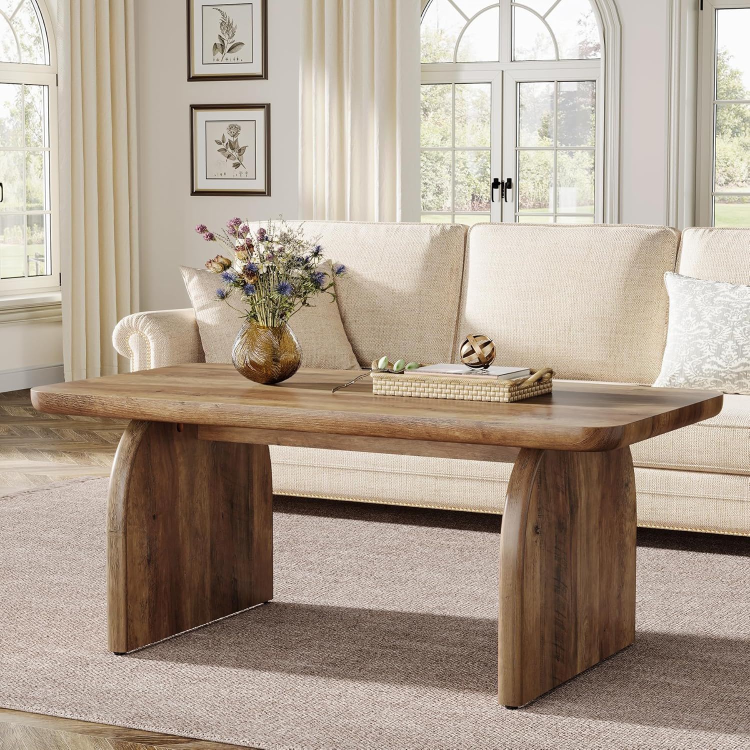 Rectangle Coffee Table With H-Base & Rounded Corners - Brown - Image 4