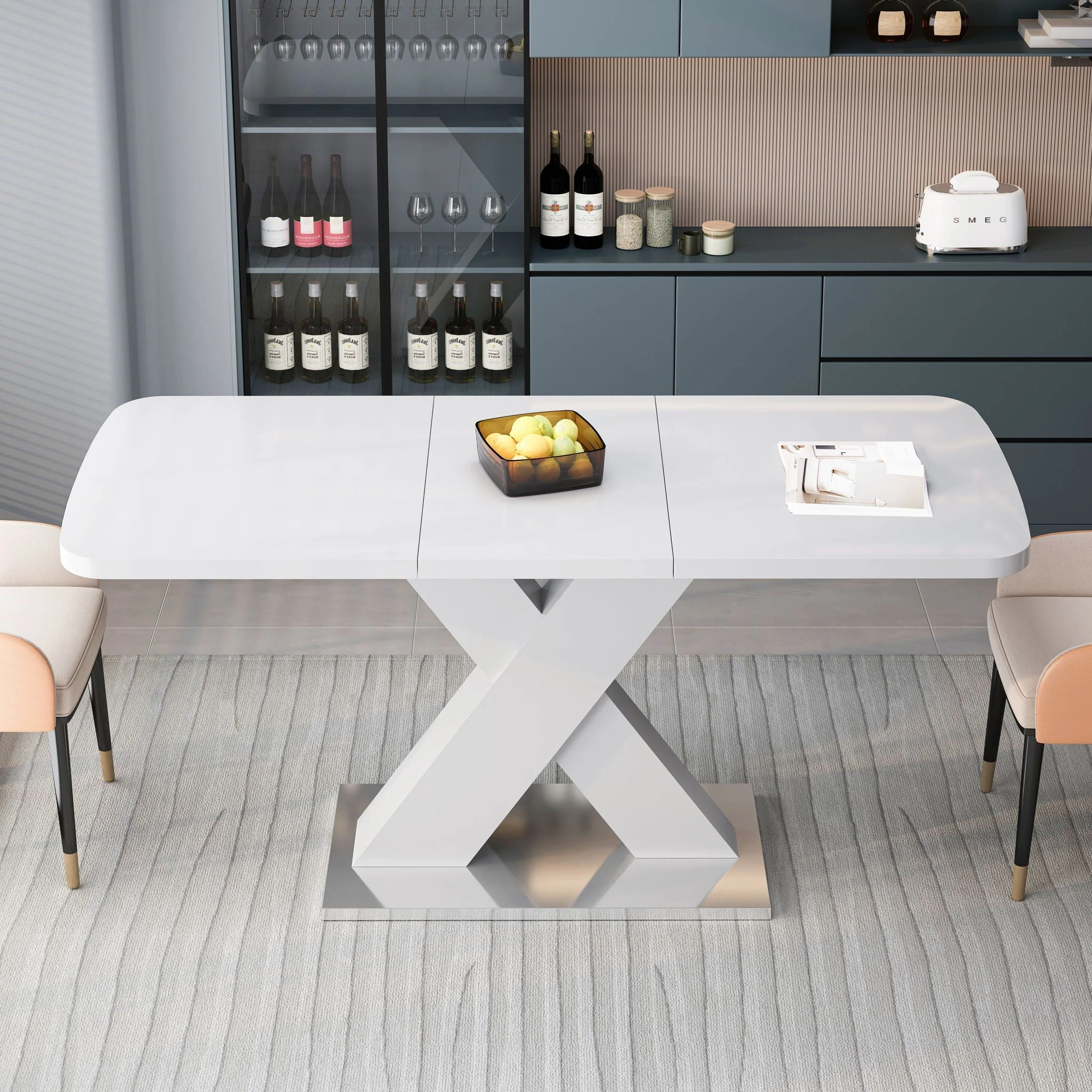 Rectangle Dining Table, Stretchable, X Shape Legs - White - Image 2