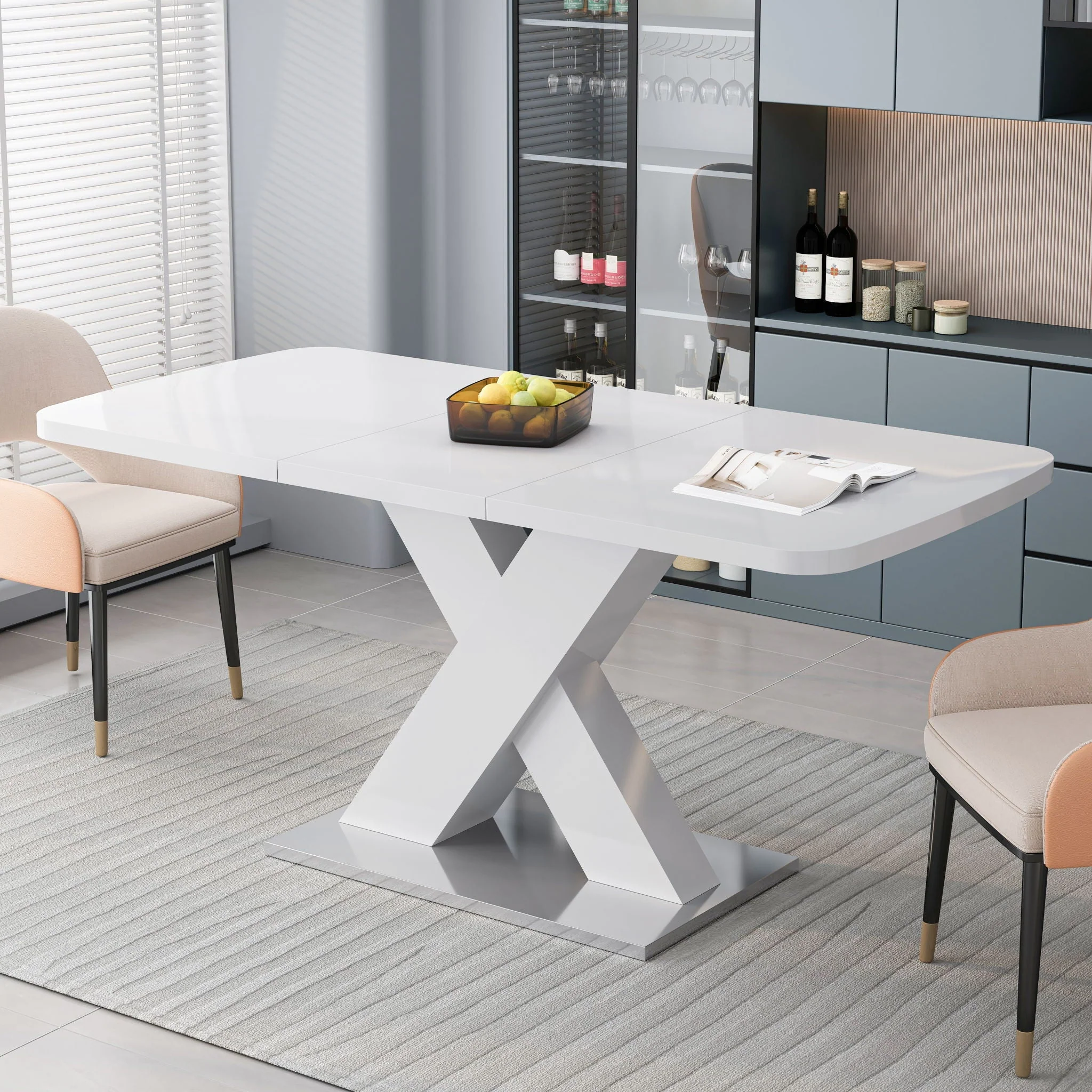 Rectangle Dining Table, Stretchable, X Shape Legs - White - Image 3