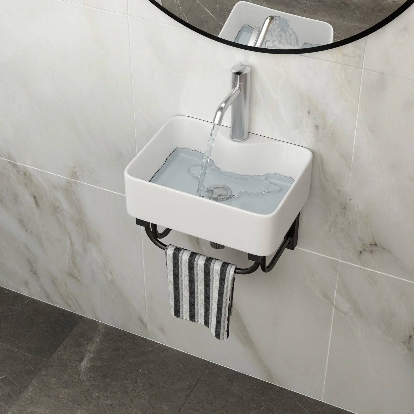 Rectangular Bathroom Sink With Towel Bar & Faucet Hole, Wall Mounted - White - Image 3