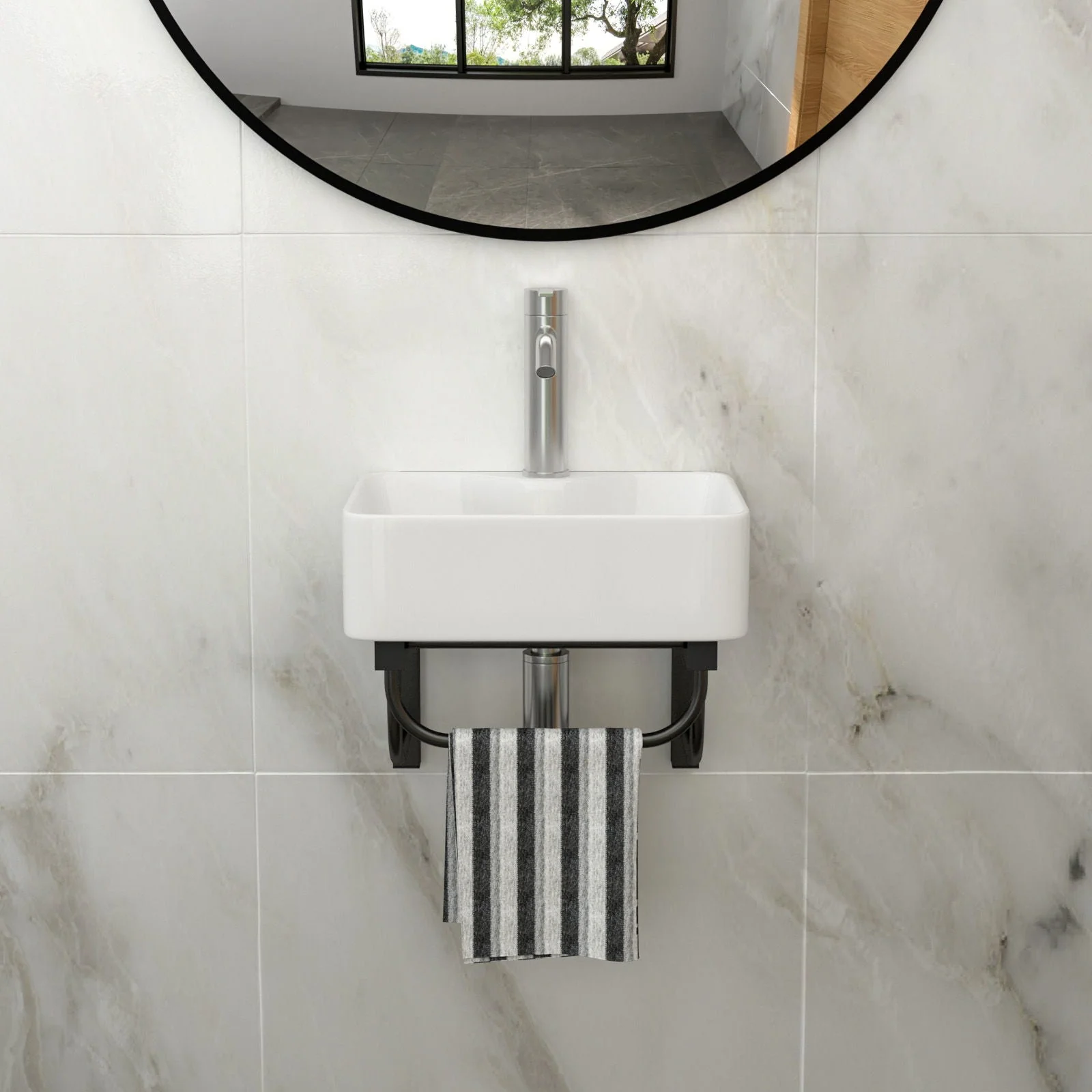 Rectangular Bathroom Sink With Towel Bar & Faucet Hole, Wall Mounted - White - Image 4
