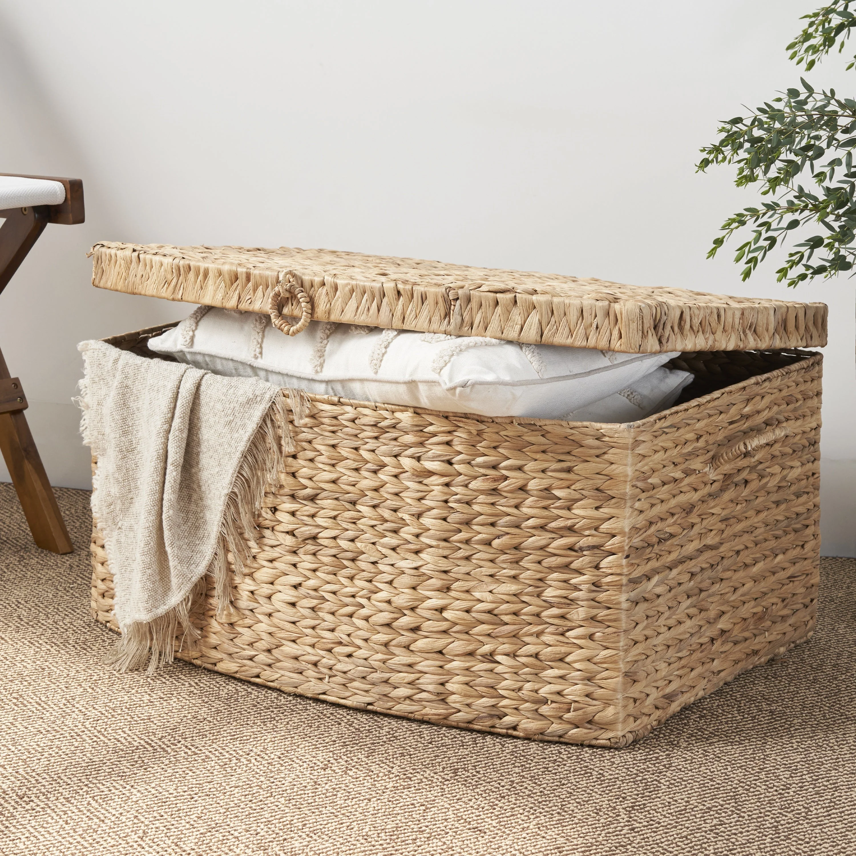 Rectangular Curve Water Hyacinth Woven Wicker Trunk with Handles - Image 4