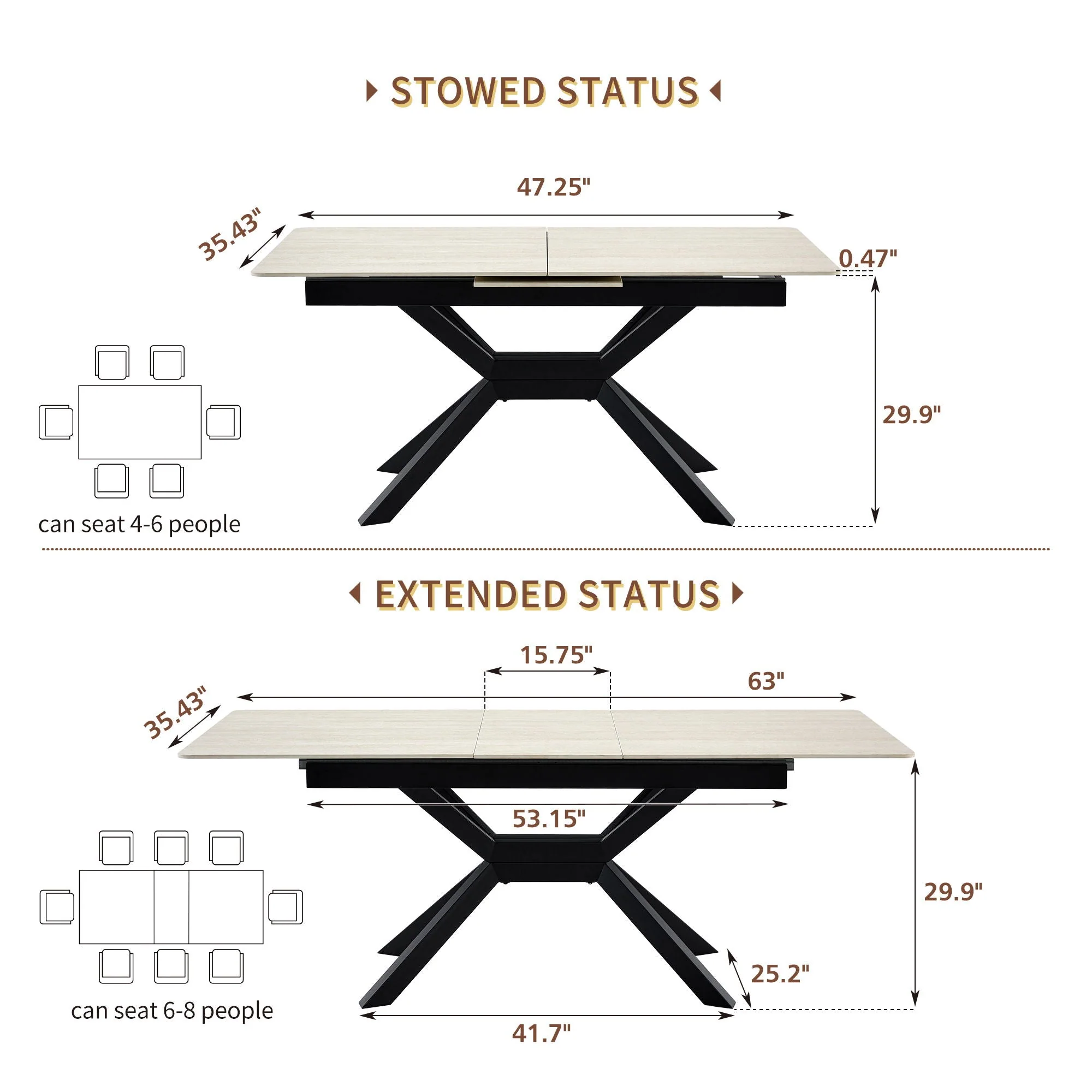 Rectangular Extendable Dining Table With Geometric X Frame, Kitchen Table For Dining Room - Beige - Image 2