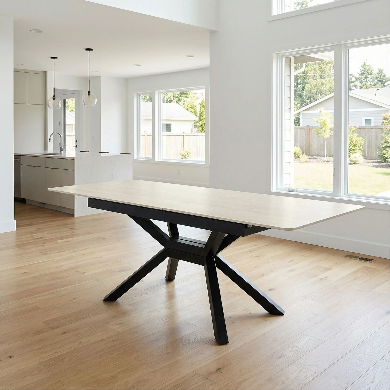 Rectangular Extendable Dining Table With Geometric X Frame, Kitchen Table For Dining Room - Beige - Image 3