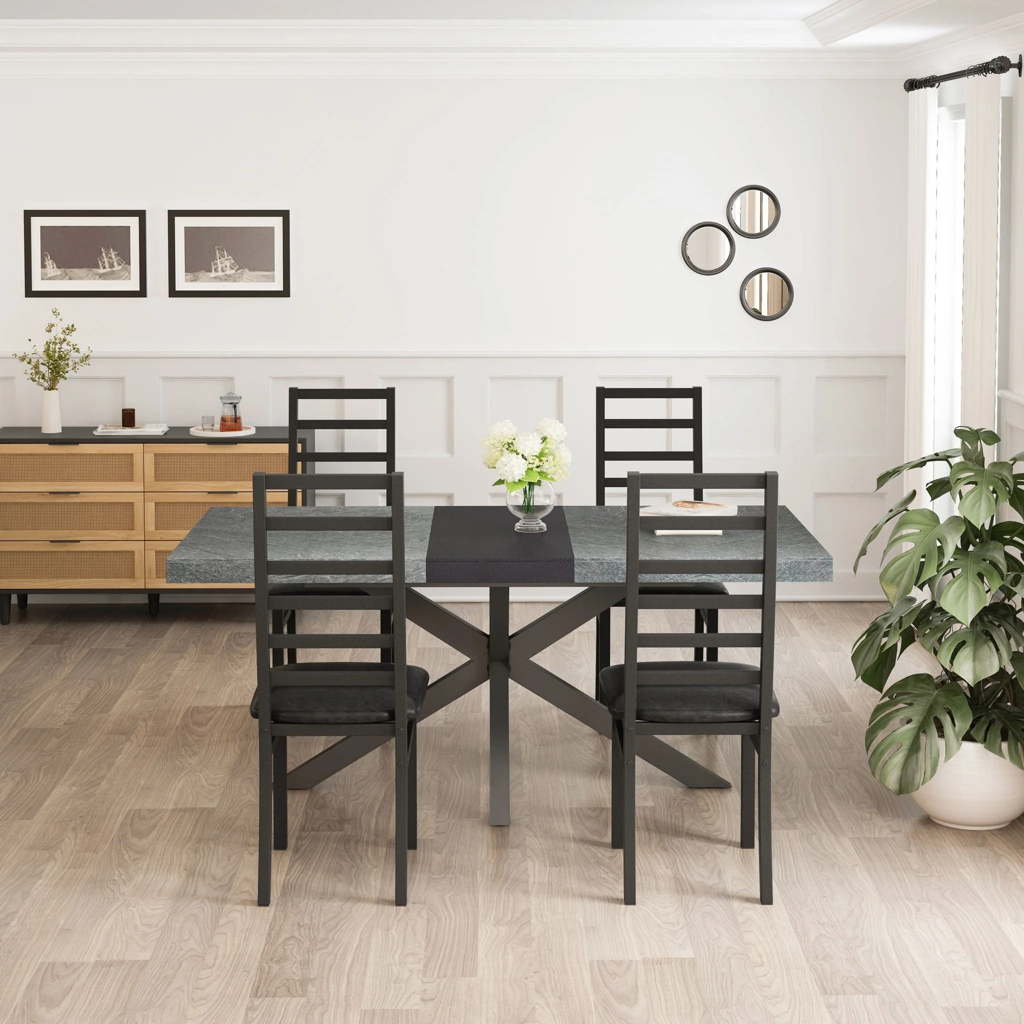 Rectangular Stretch Dining Table With 4 Chairs - Black / Gray - Image 16