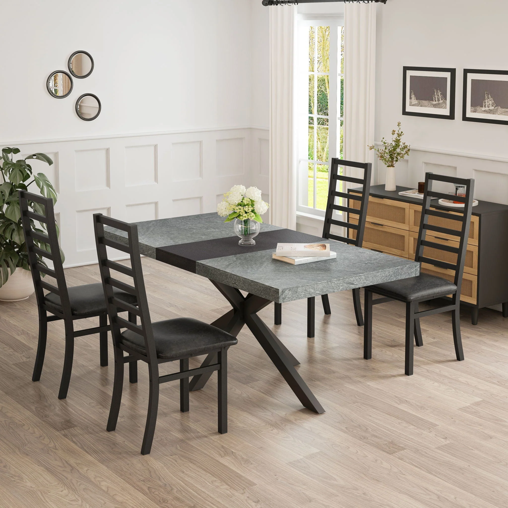 Rectangular Stretch Dining Table With 4 Chairs - Black / Gray - Image 17
