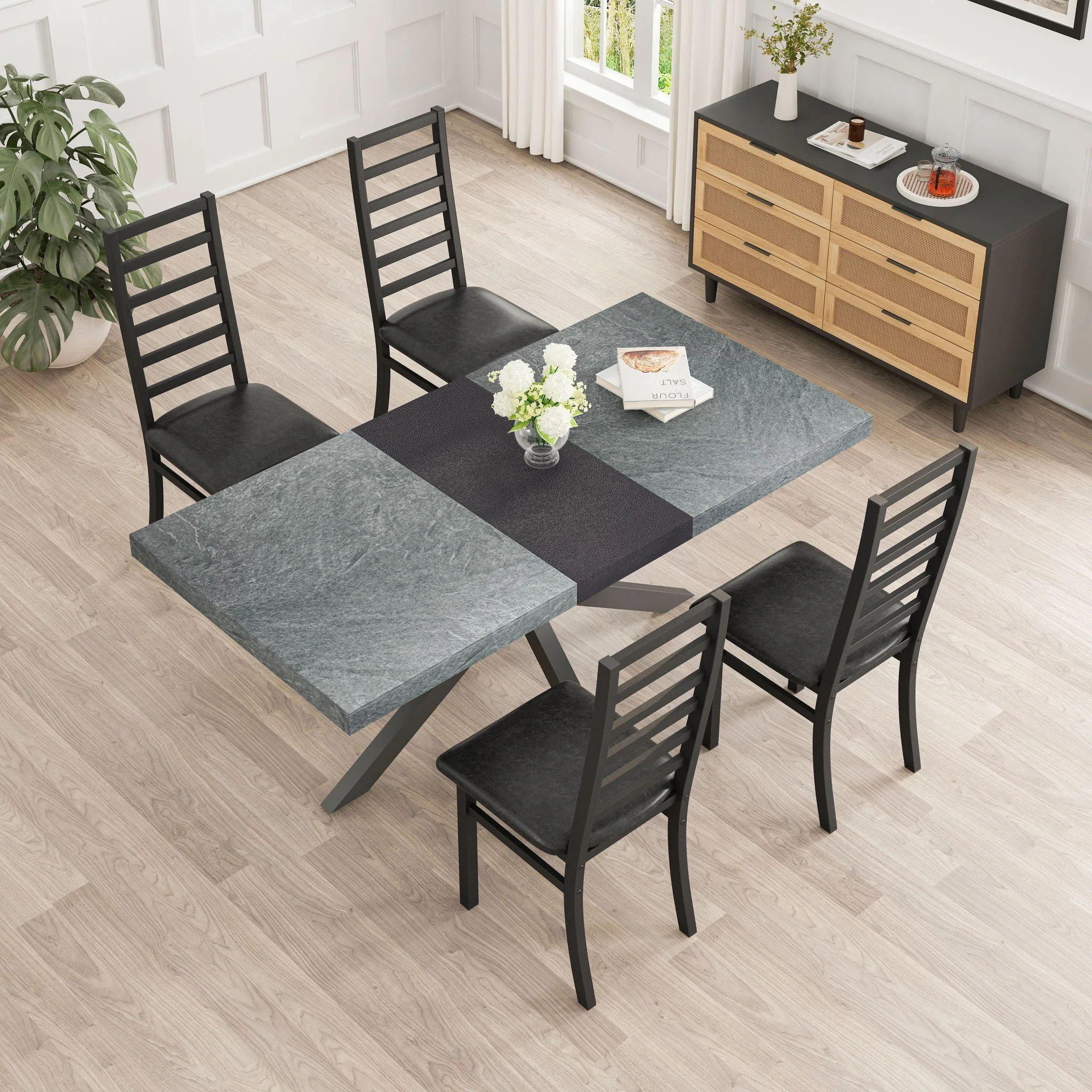 Rectangular Stretch Dining Table With 4 Chairs - Black / Gray - Image 5