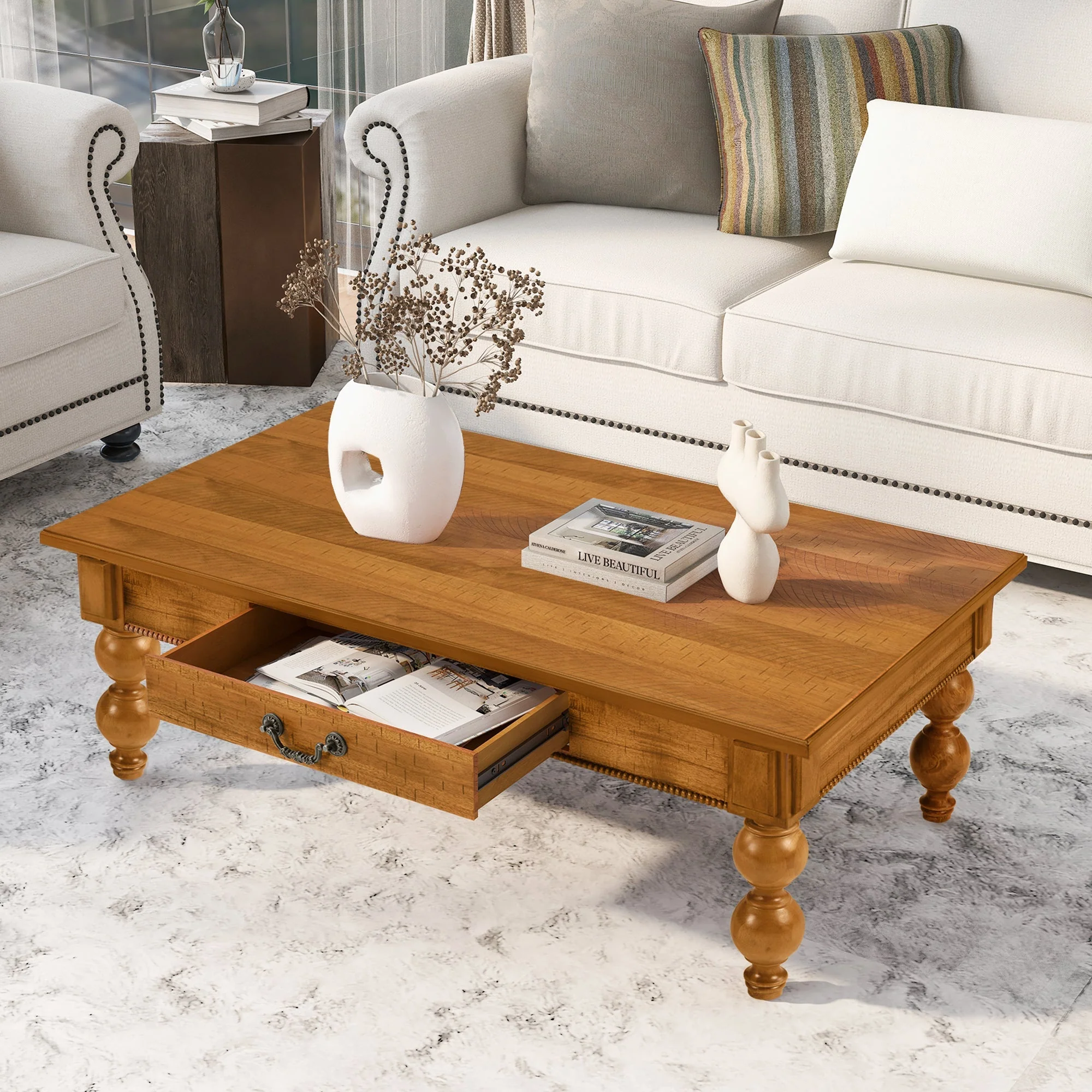Rectangular Wooden Coffee Table with Storage Drawer - Image 3