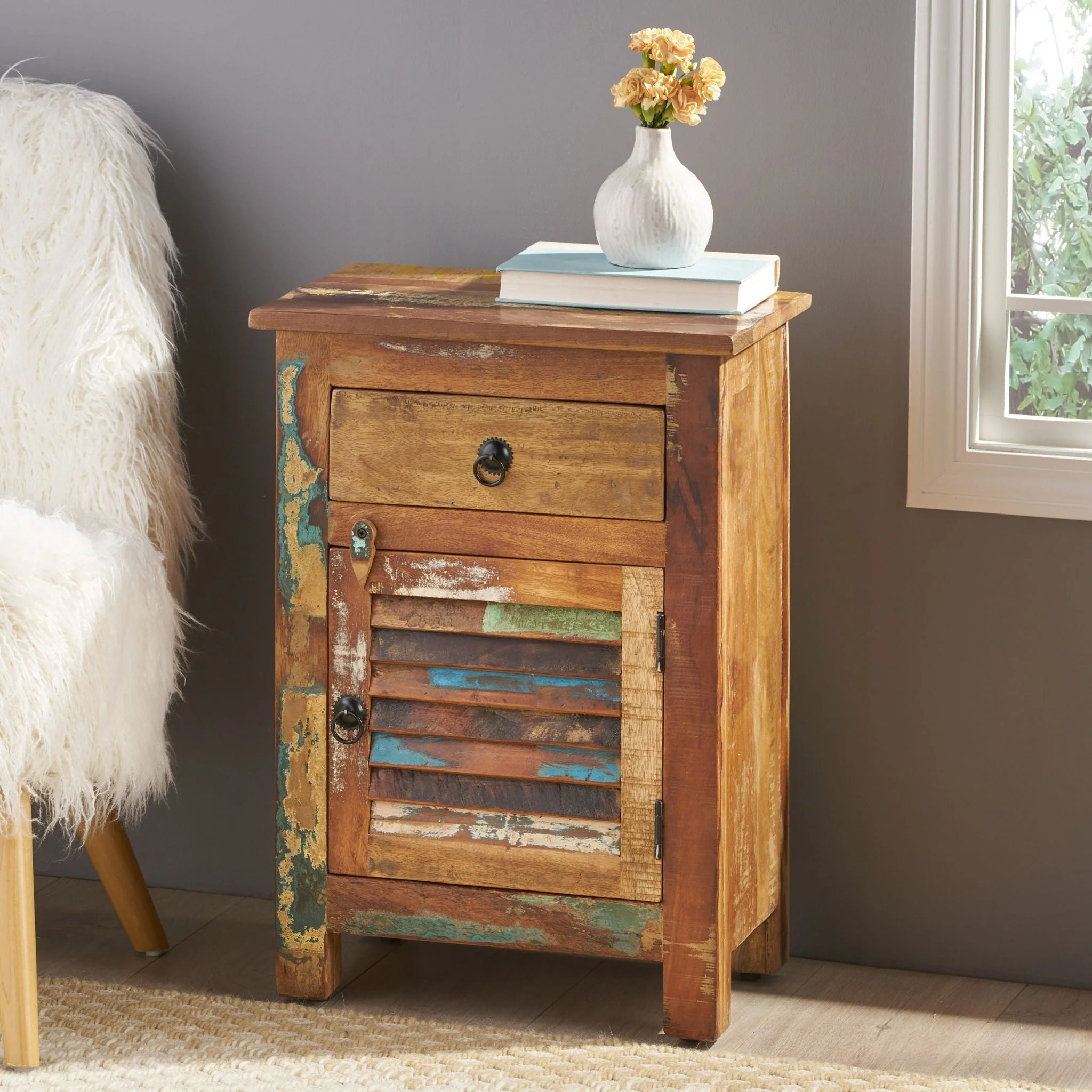 Recycled Wood Side Table With Drawer And Door - Natural - Image 2