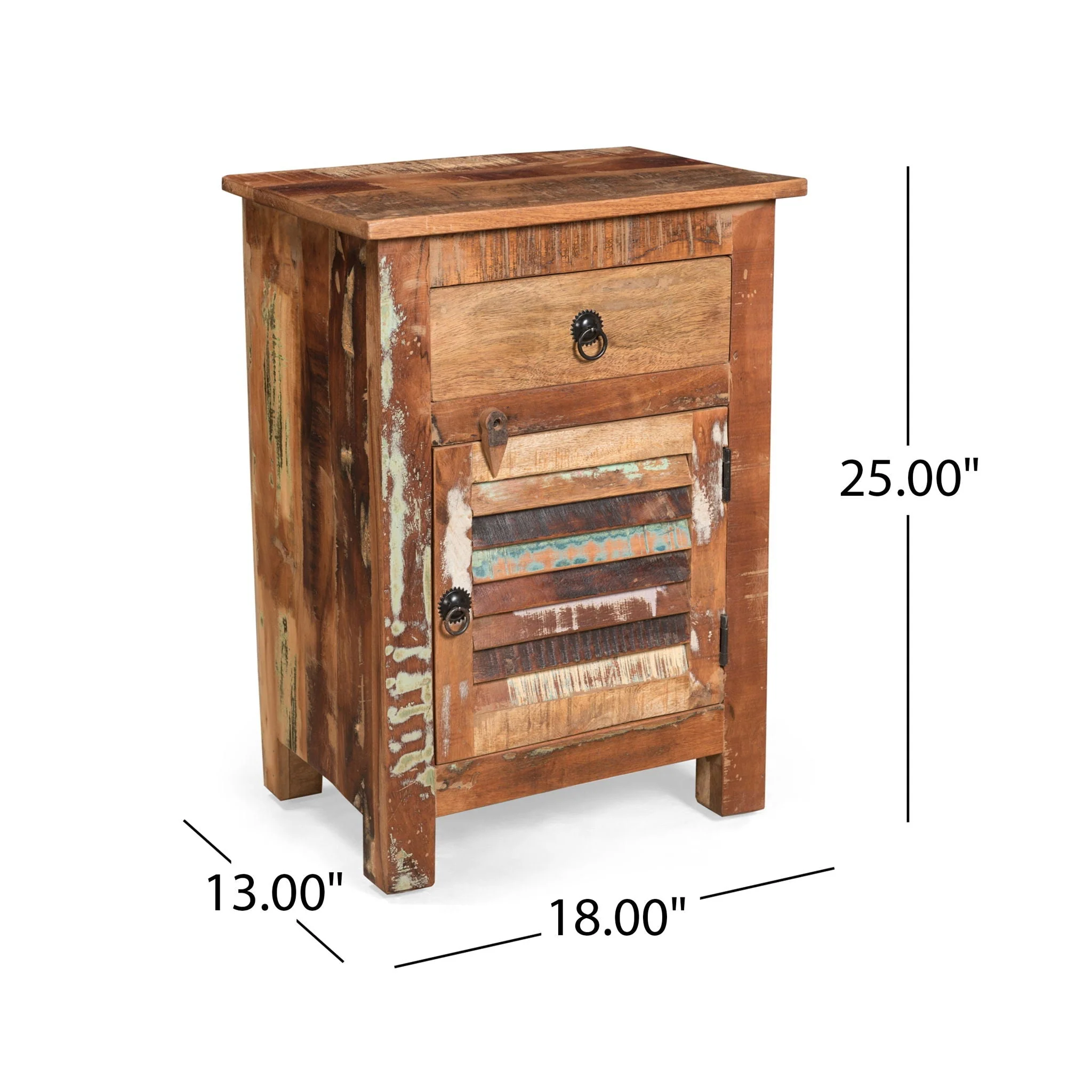 Recycled Wood Side Table With Drawer And Door - Natural - Image 3