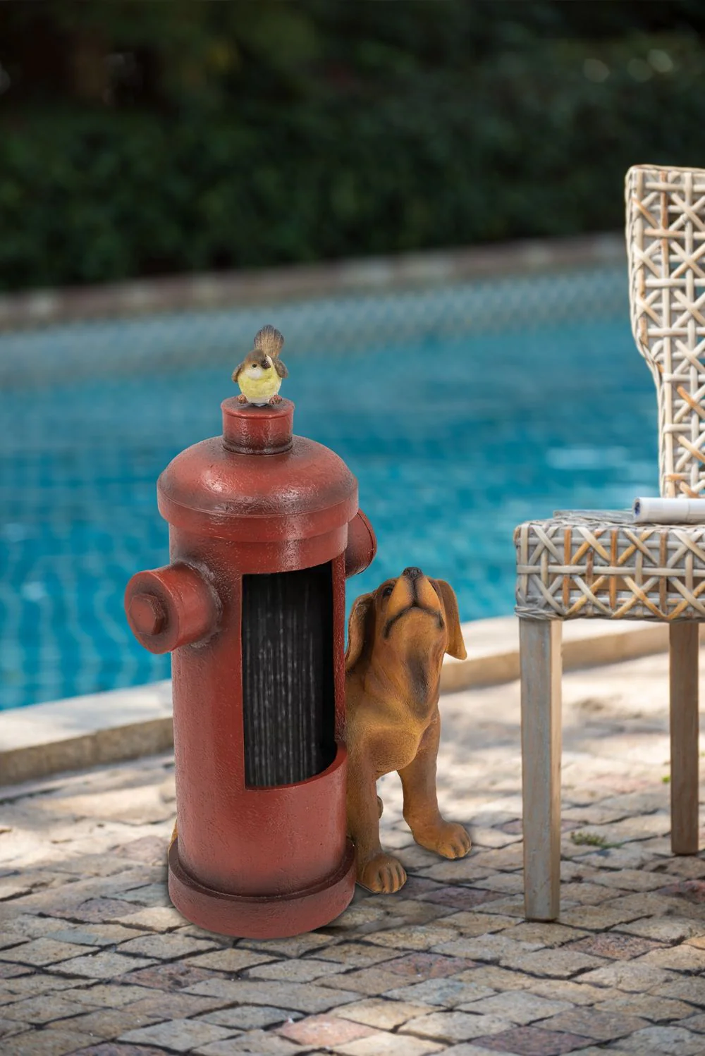 Red Fire Hydrant Water Fountain with Dog and Bird Accents - Image 3