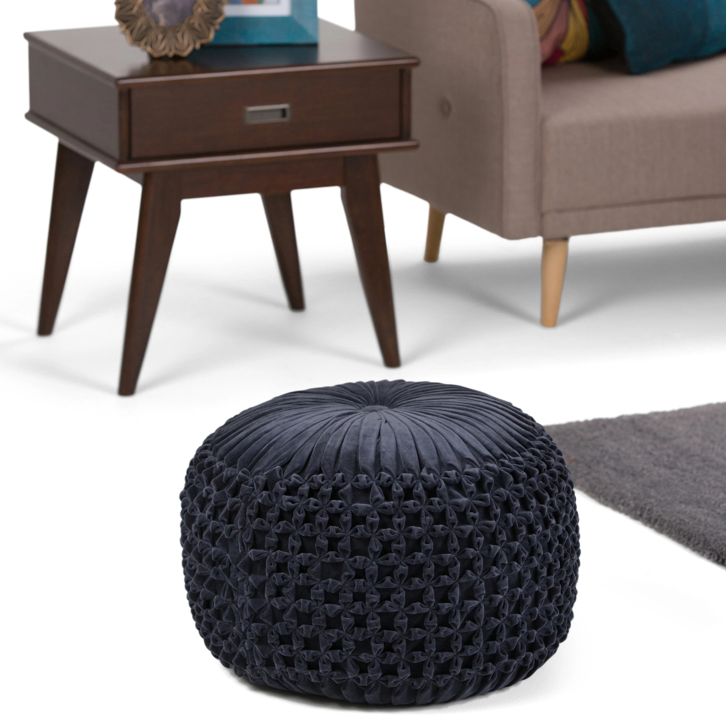 Renee Round Pouf Navy Velvet Cotton Accent Stool - Image 6