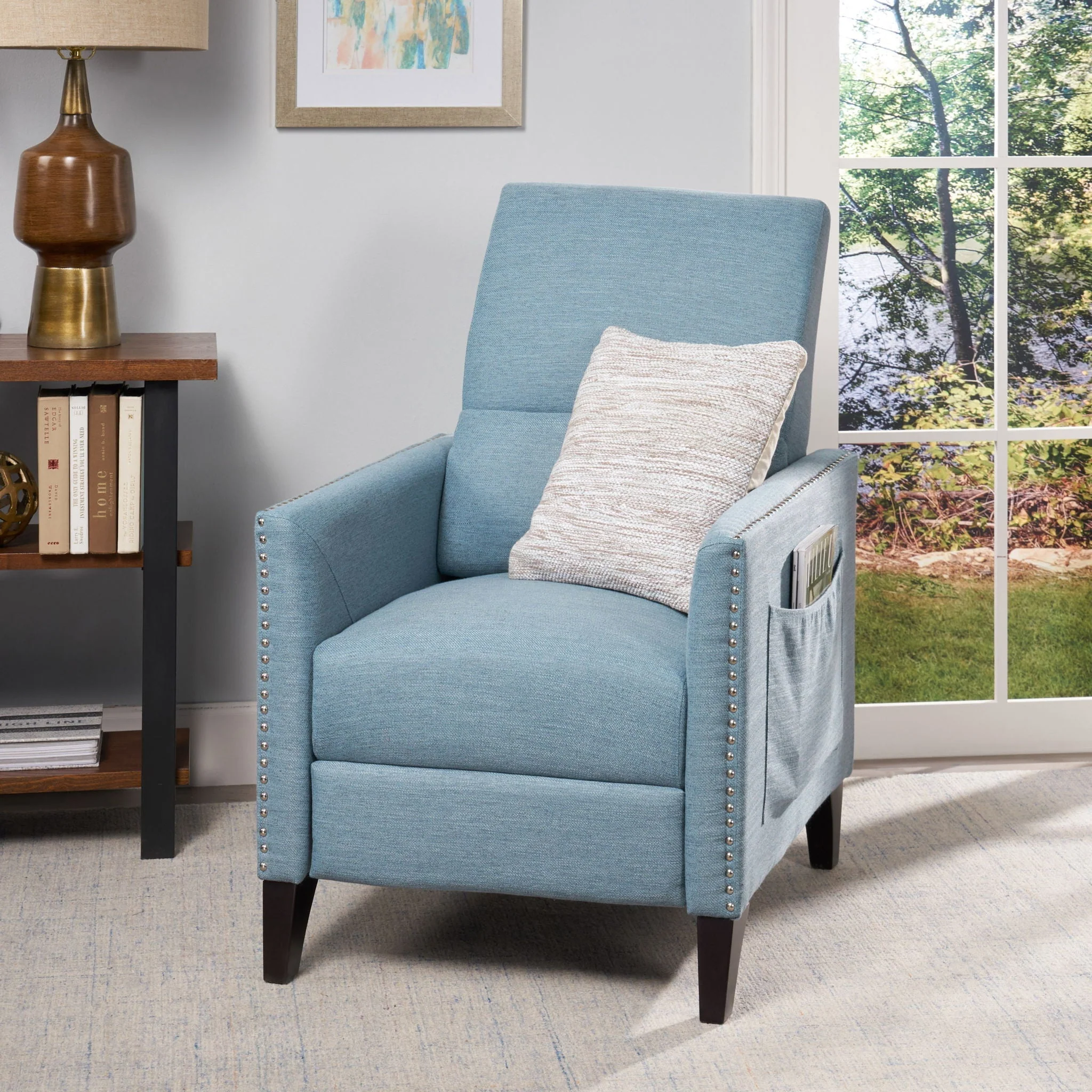 Repose Upholstered Recliner Chair With Nailhead Trim And Side Pocket - Light Blue - Image 4