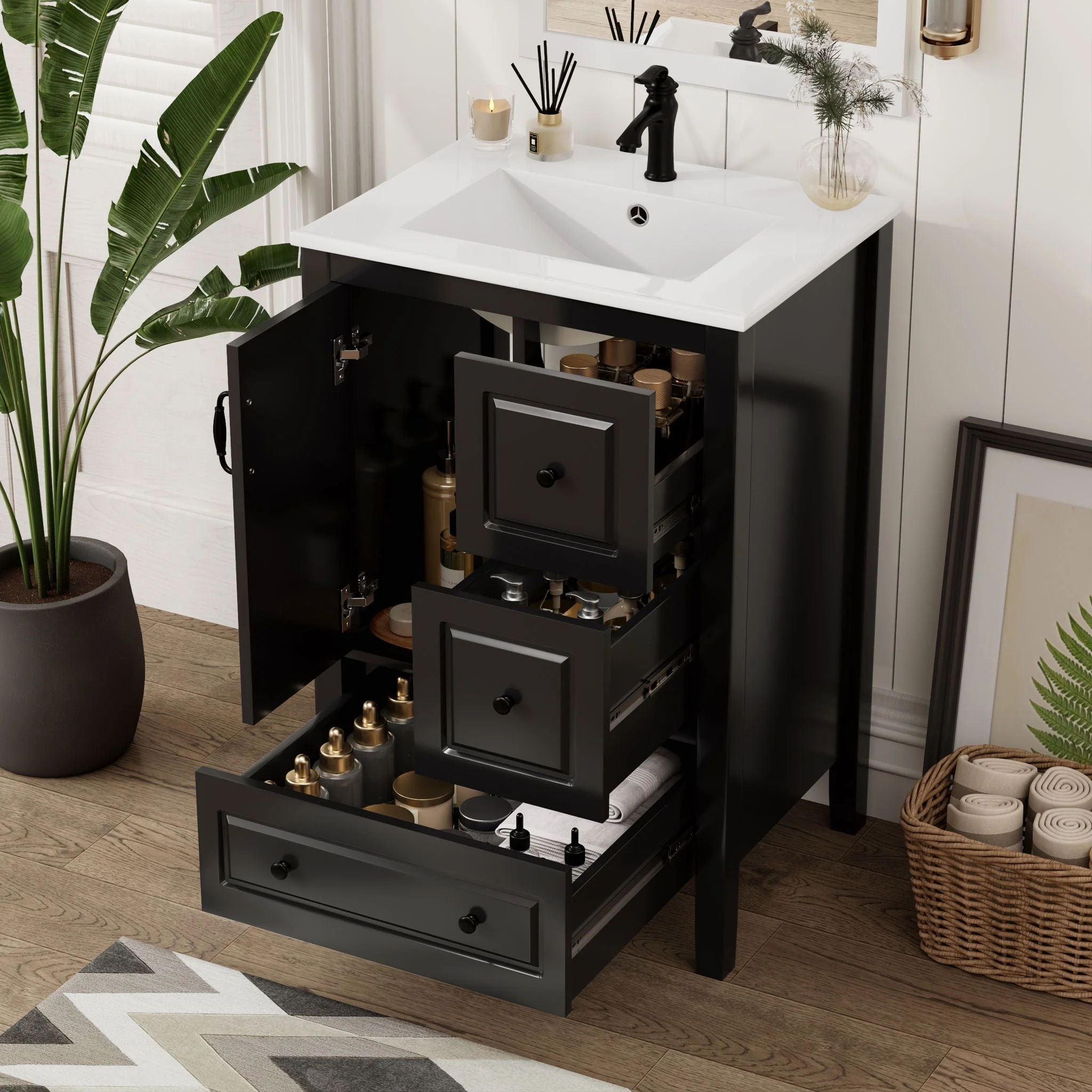 Retro Bathroom Vanity With Sink, Soft Closing Cabinet & Drawers - Image 5