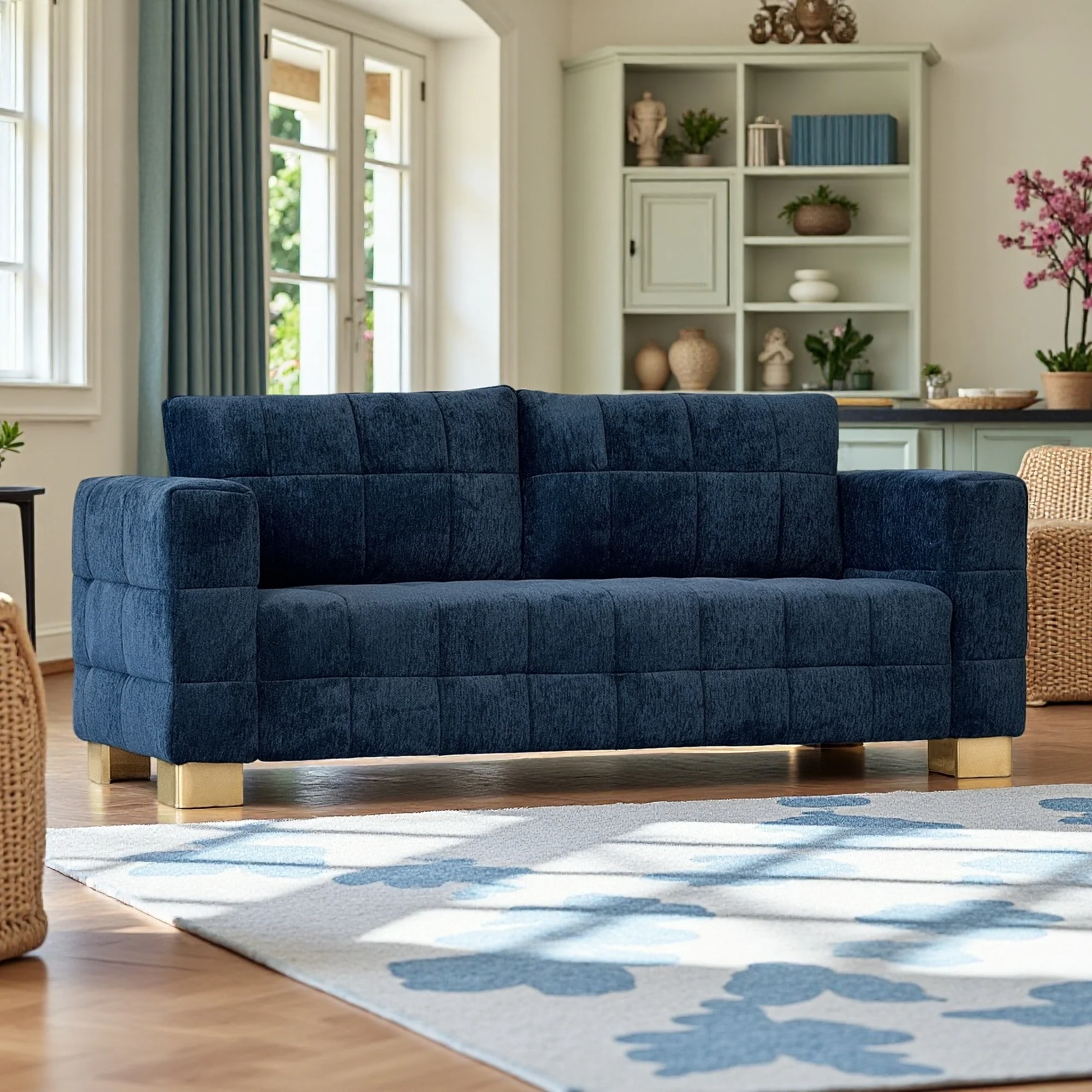 Retro Blue Chenille Upholstered 3-Seater Couch with Stainless-Steel Legs - Image 14