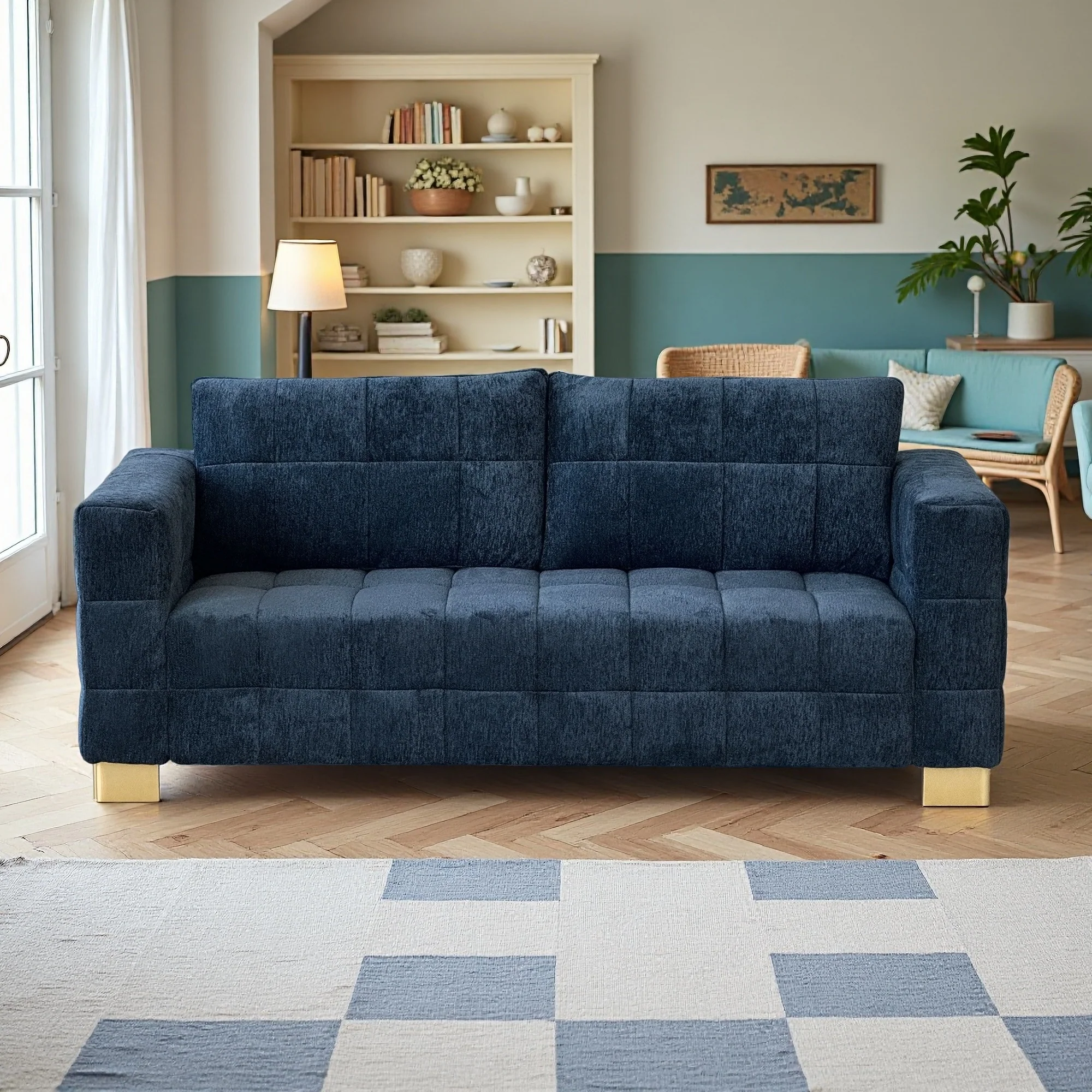 Retro Blue Chenille Upholstered 3-Seater Couch with Stainless-Steel Legs - Image 15