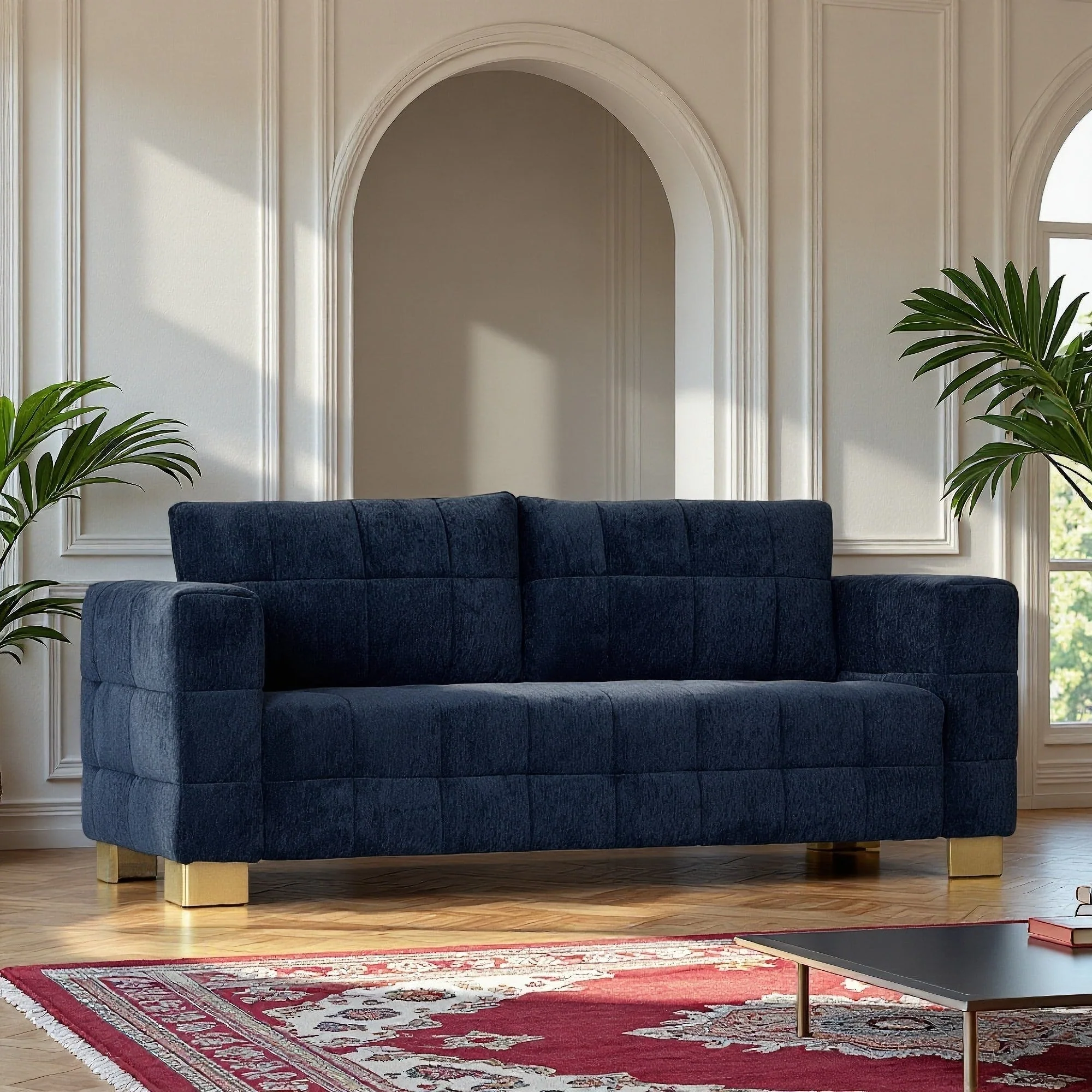 Retro Blue Chenille Upholstered 3-Seater Couch with Stainless-Steel Legs - Image 2