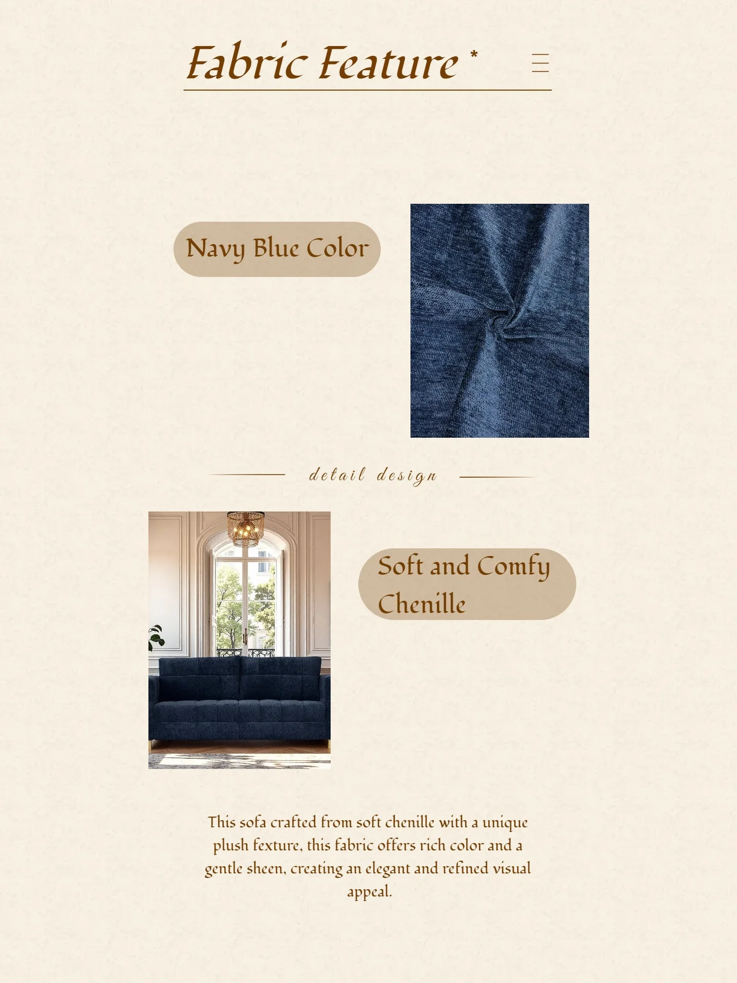 Retro Blue Chenille Upholstered 3-Seater Couch with Stainless-Steel Legs - Image 23