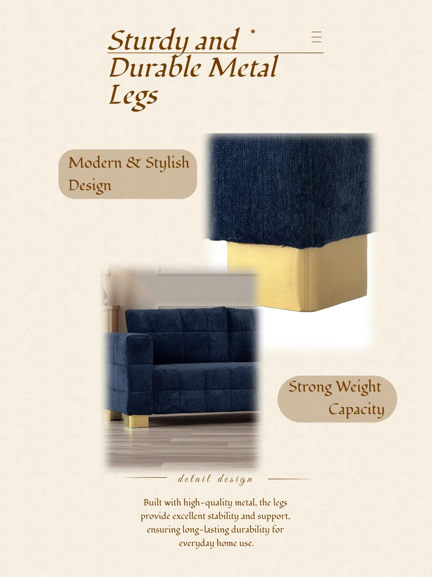 Retro Blue Chenille Upholstered 3-Seater Couch with Stainless-Steel Legs - Image 24