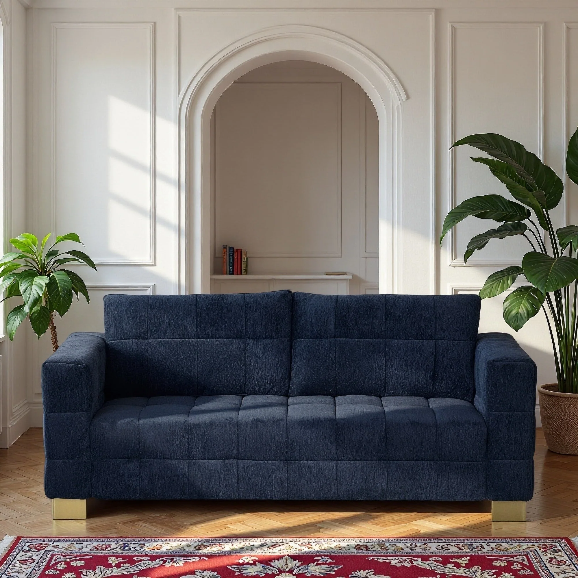 Retro Blue Chenille Upholstered 3-Seater Couch with Stainless-Steel Legs - Image 3