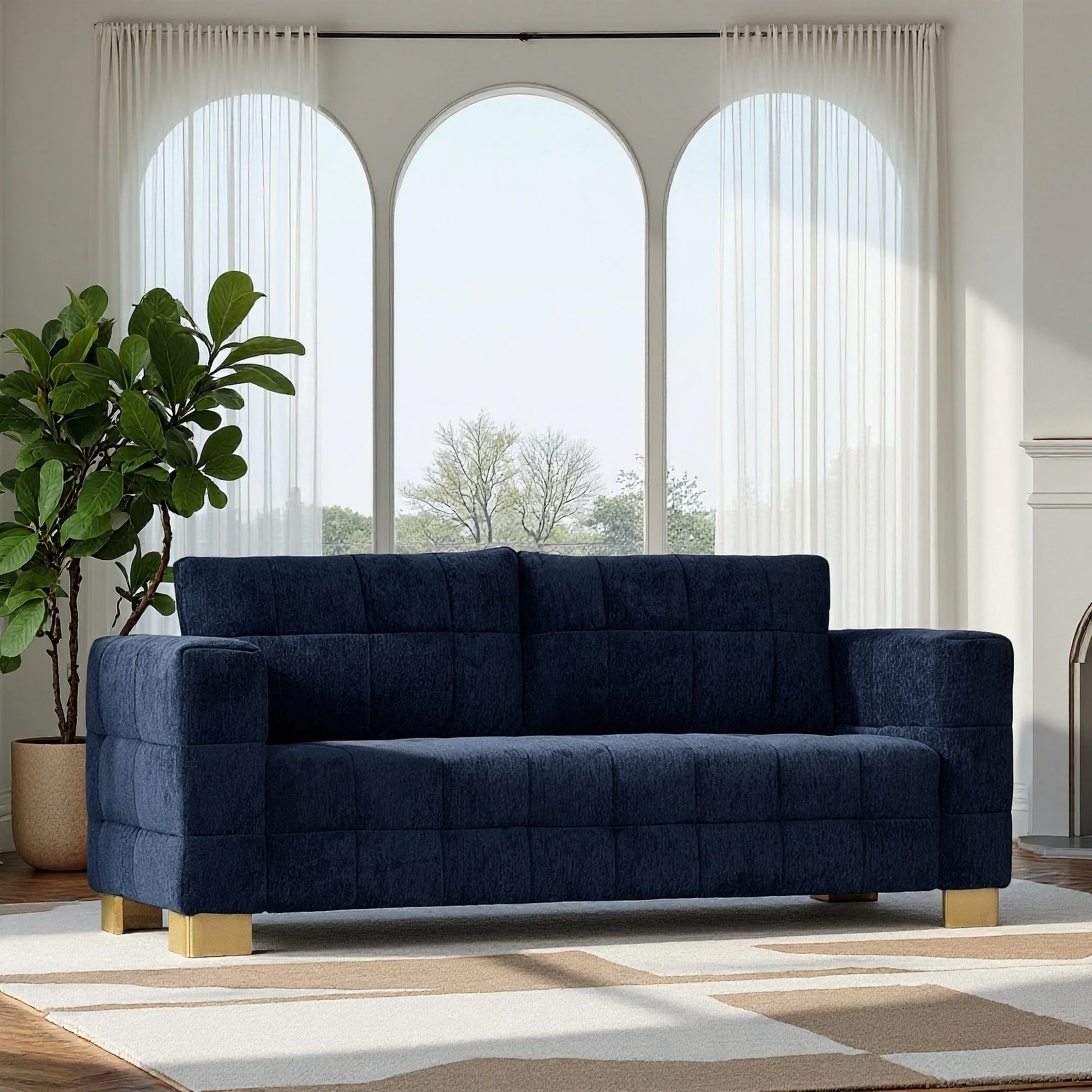 Retro Blue Chenille Upholstered 3-Seater Couch with Stainless-Steel Legs - Image 4